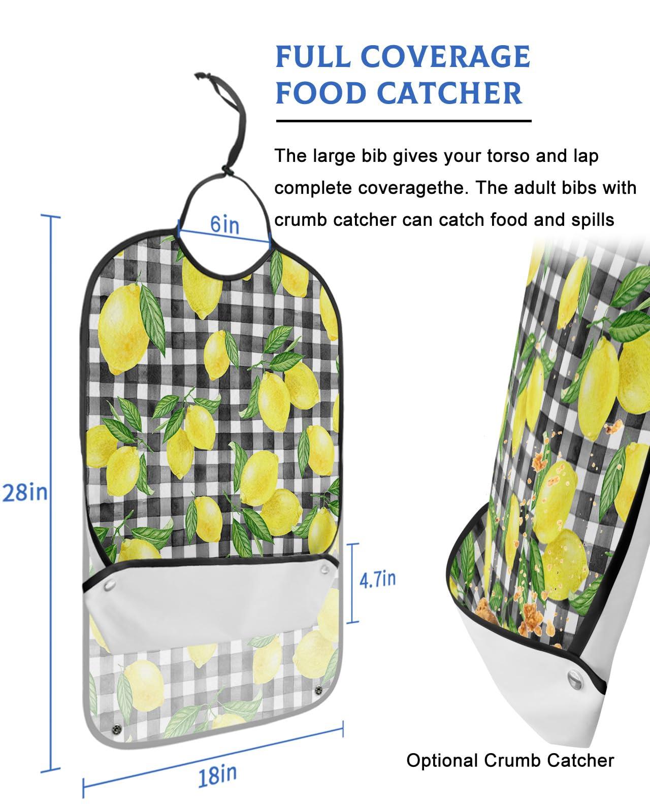 Sabolny Black White Buffalo Plaid Check Adult Bib for Eating with Crumb Catcher,Washable & Waterproof Terry Cloth Adjustable Elderly Women Men Adult Bibs Funny Clothing Protector Summer Lemon Yellow Green