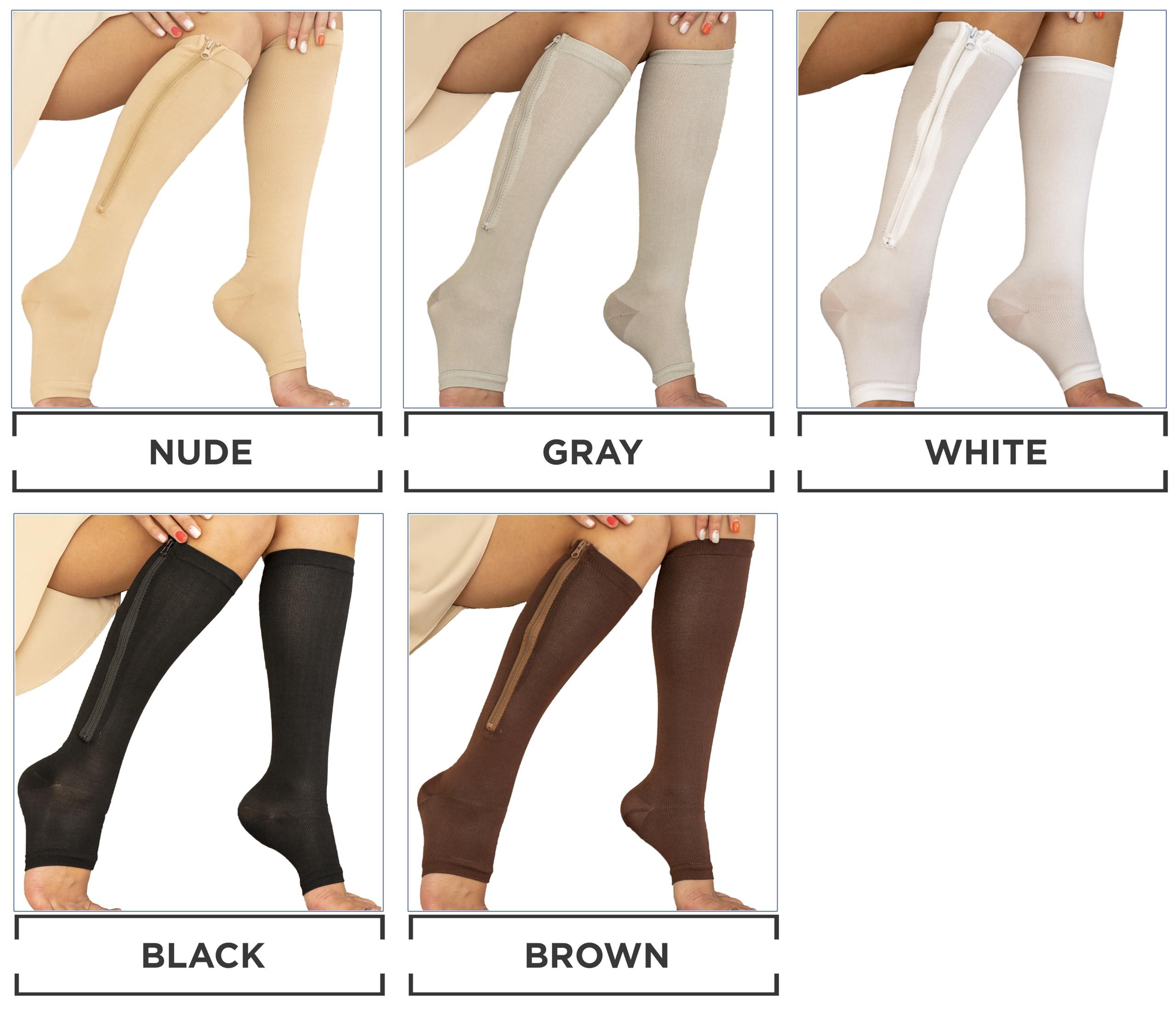 5StarDeals Zipper Compression Socks Supports Stockings Leg Open Toe 23-32mmHg Zipper (XL, Nude)