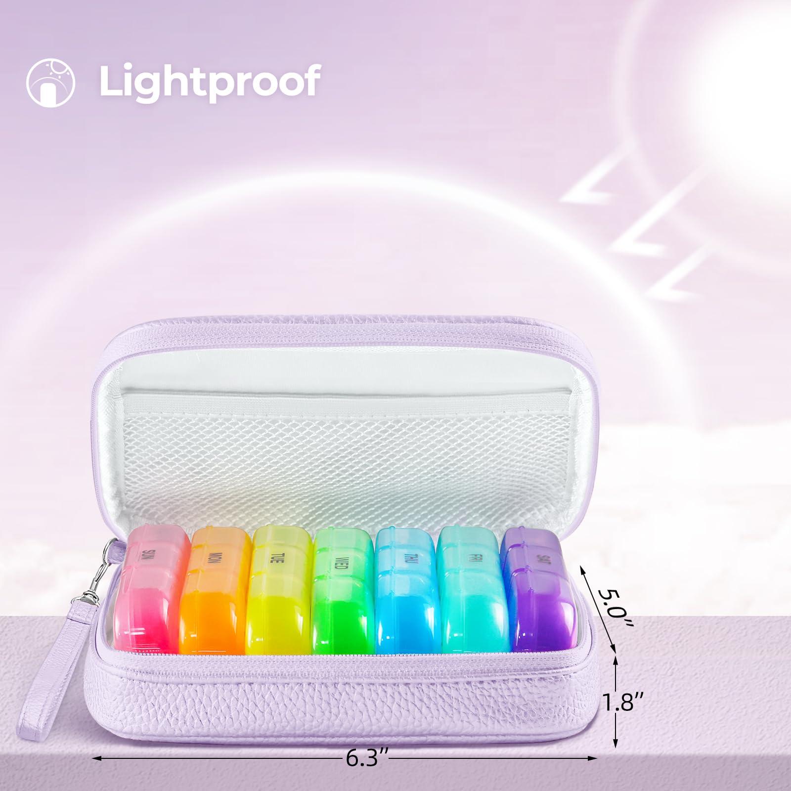 AMOOS AMOOS Cute Pill Organizer 3 Times a Day, Large Daily Pill Case for Women, Portable Pill Box 7 Day for Purse with Bag & Zipper to Hold Vitamins, Medications, Fish Oils, Supplements (Purple)