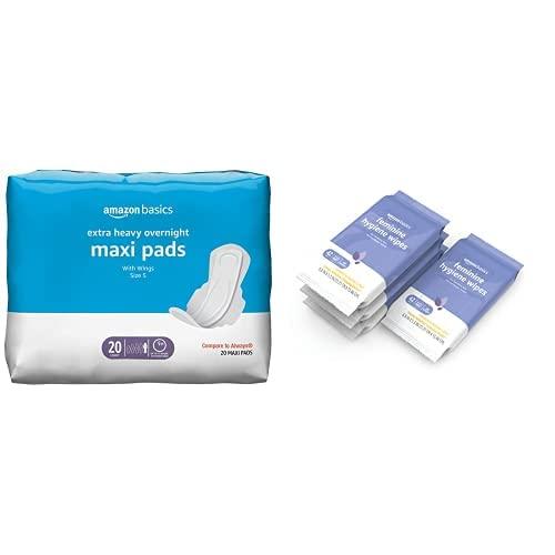 Amazon Basic Care Amazon Basics Thick Maxi Pads with Flexi-Wings, Extra Heavy, Unscented, Size 5, 20 Count (Previously Solimo) & Amazon Basics Feminine Hygiene Wipes (168 Wipes Total) (Shipped Separately)