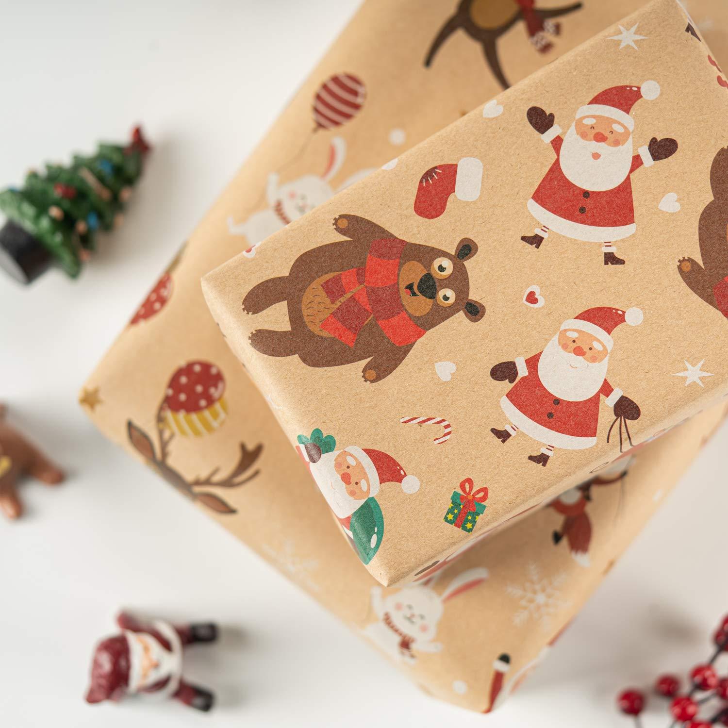 RUSPEPA RUSPEPA Christmas Kraft Wrapping Paper Santa Claus Xmas Theme Elements Great for Christmas, Birthdays, Holiday, Baby Shower - 6 Sheets Packed as 1 roll - 17.5 x 30 inches per Sheet