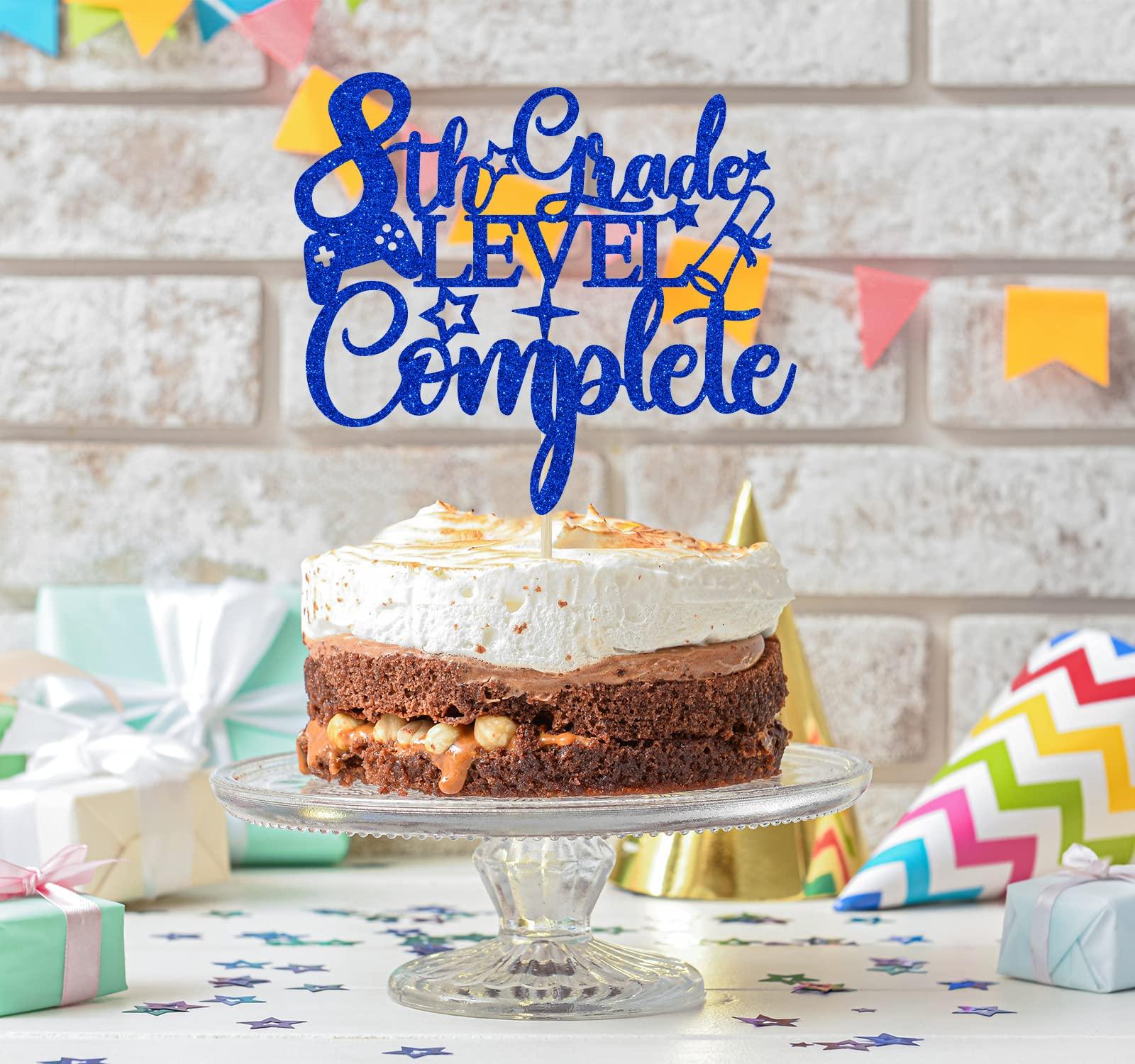 RLXPT 8th Grade Grad Cake Topper, Next Stop High School, Out Middle School Cake Decorations, 2024 Graduation Party Decorations Blue Glitter