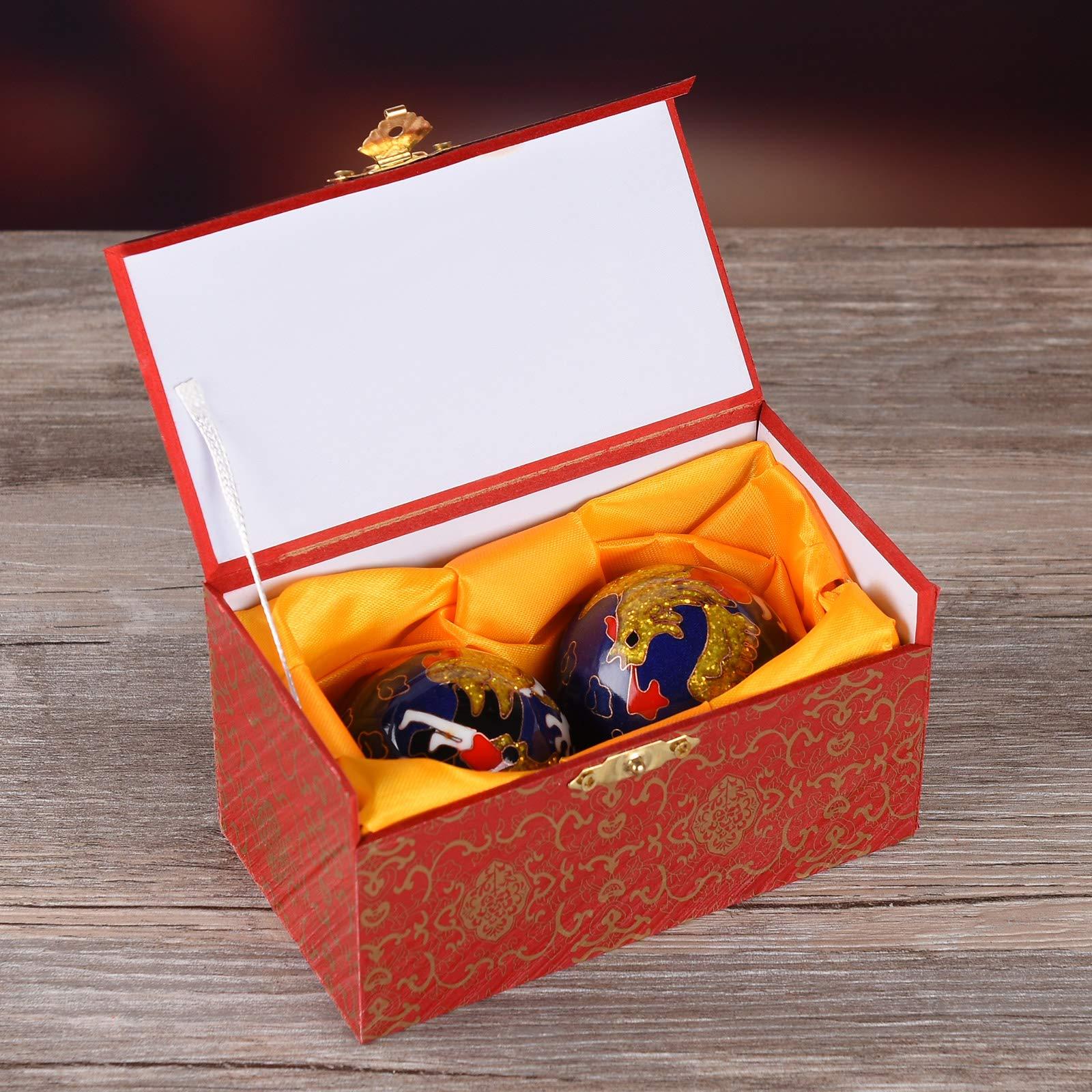 BRABUD 1.97'' Baoding Balls Hand Exercise Stress Balls with Chimes Dragon&Phoenix Pattern Blue Balls with Box Parents Gift TQZDBS81