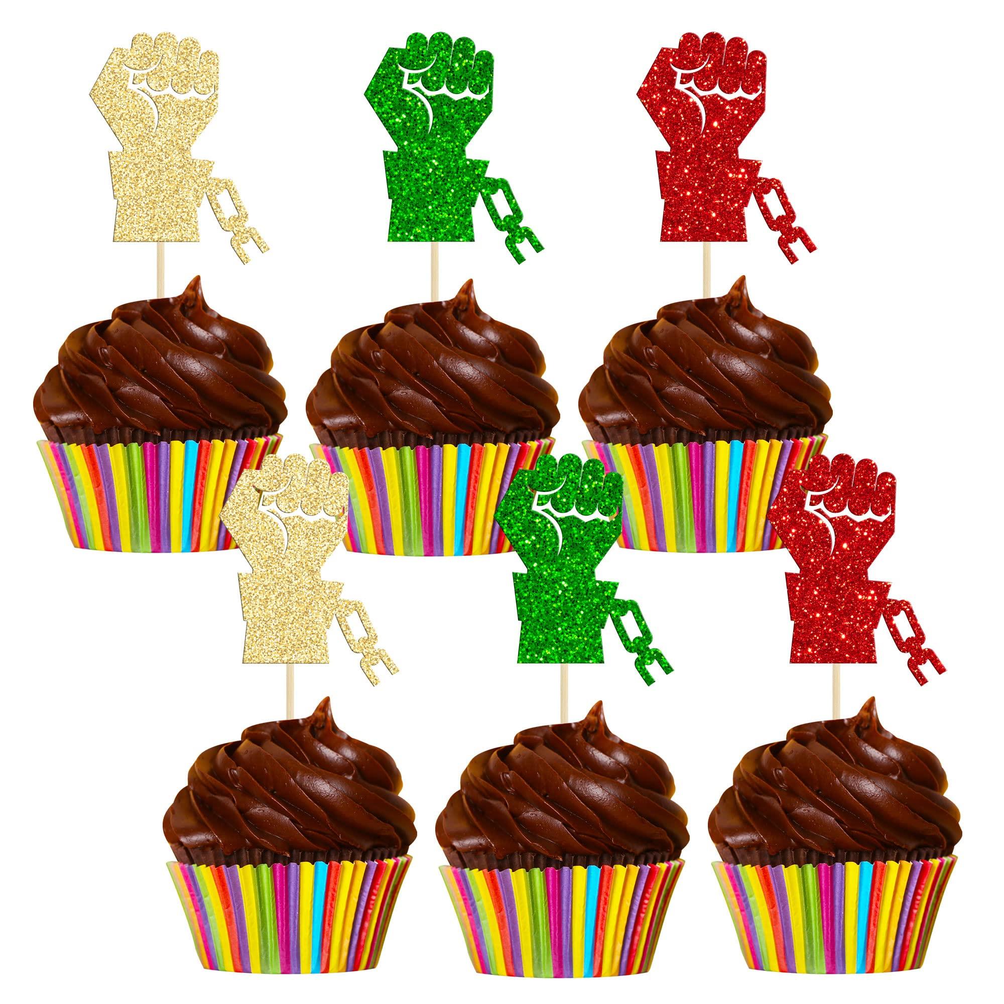 Gyufise Gyufise 24Pcs Happy Juneteenth Cupcake Toppers Juneteenth Fist Cupcake Toppers Glitter Black History Month Cake Decorations Juneteenth Decorations Happy Juneteenth Day Party Decorations