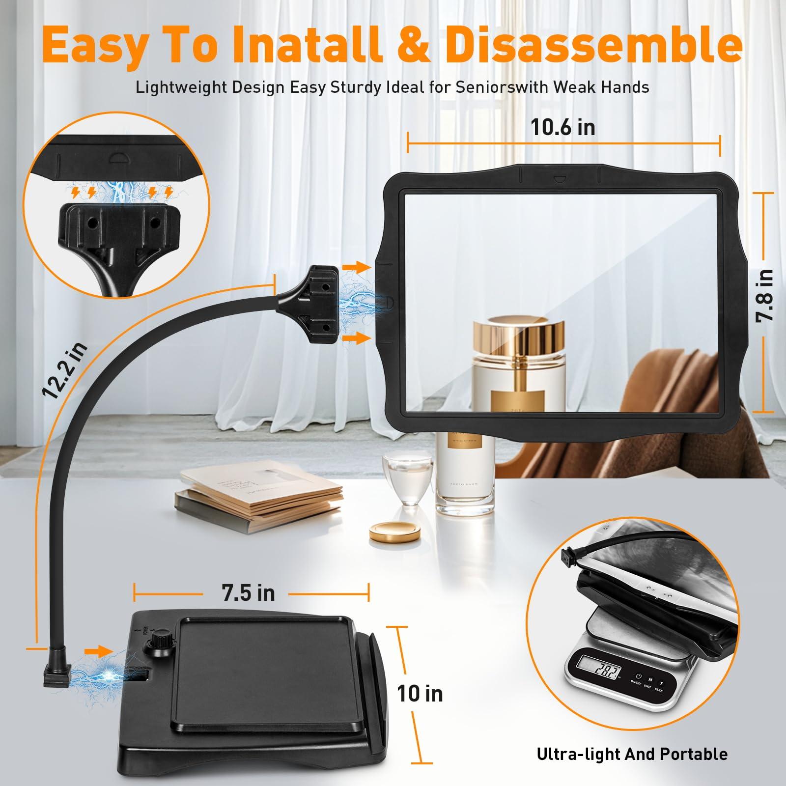 NUEYiO 10X Rechargeable Full Page Magnifier for Reading, NUEYiO 10.6*7.8\" Large Handheld Magnifying Glass with Light and Stand, 50 LED Lights & 3-IN-1 Gooseneck Magnifying Lamp for Seniors Close Work Craft