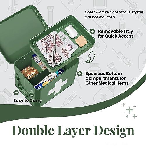 Flexzion Flexzion First Aid Box Organizer, Empty 8.5 Inch Green Vintage First Aid Kit Tin Metal Medical Box First Aid Storage Box Container Bins with Dividers, Removable Tray and Cross Logo