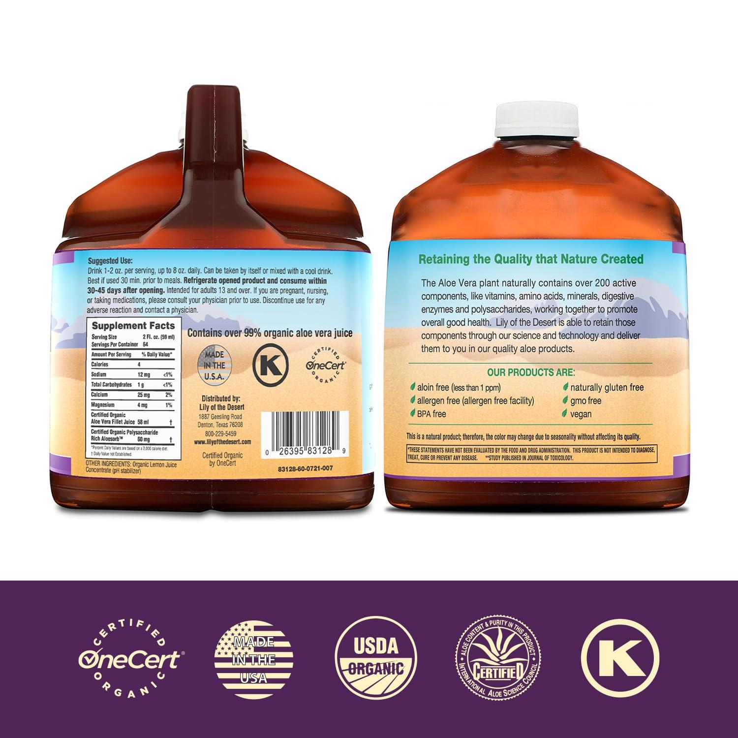 Lily Of The Desert Lily of the Desert Aloe Vera Juice - Organic, Preservative-Free Inner Fillet Aloe Vera Drink with Natural Digestive Enzymes for Gut Health, Stomach Relief, Wellness, Glowing Skin, 128 Fl Oz