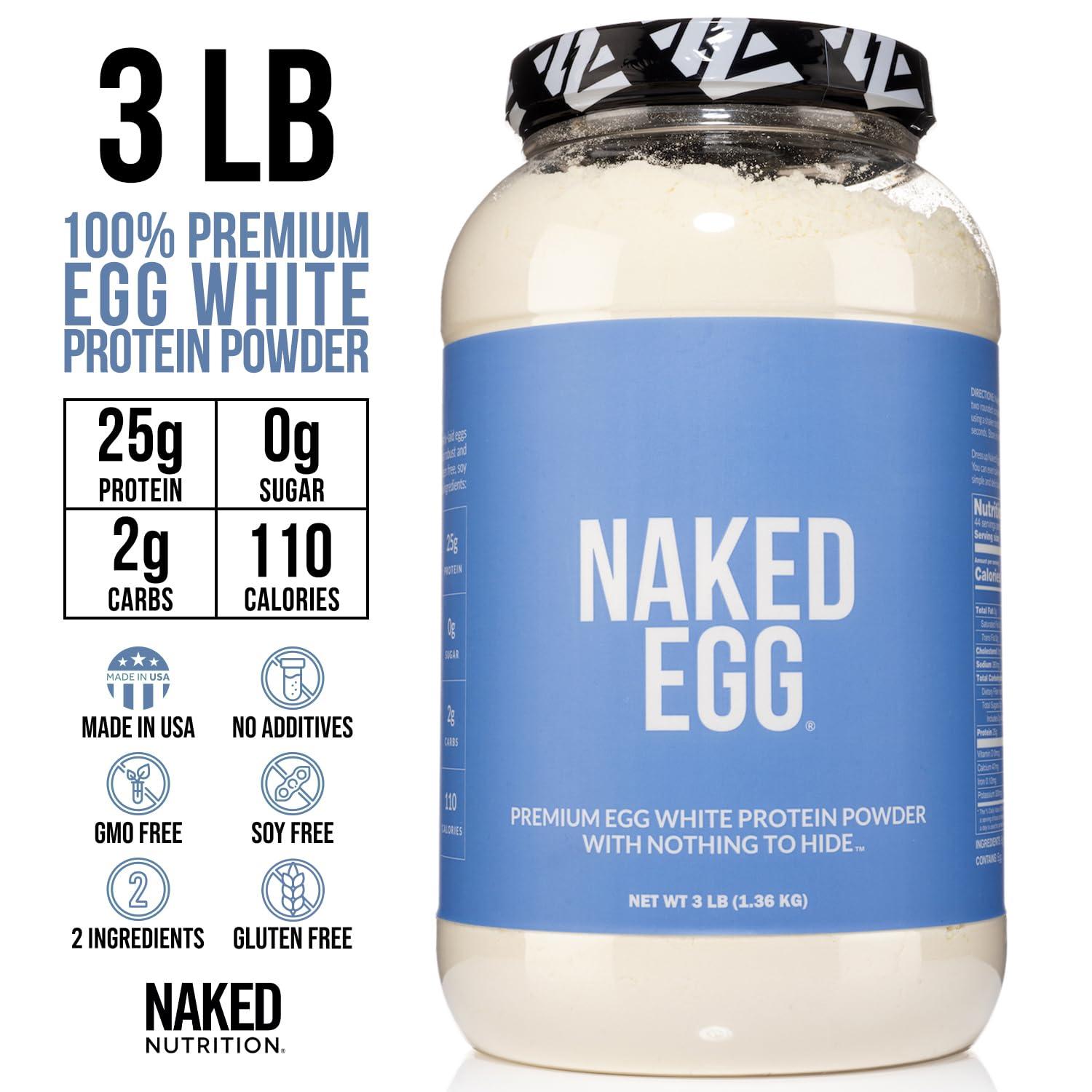 NAKED nutrition Naked 3LB Non-GMO Egg White Protein Supplement Powder, Unflavored, No Additives, Paleo, Dairy Free, Gluten Free, Soy Free  25g Protein, 44 Servings, 3 pounds