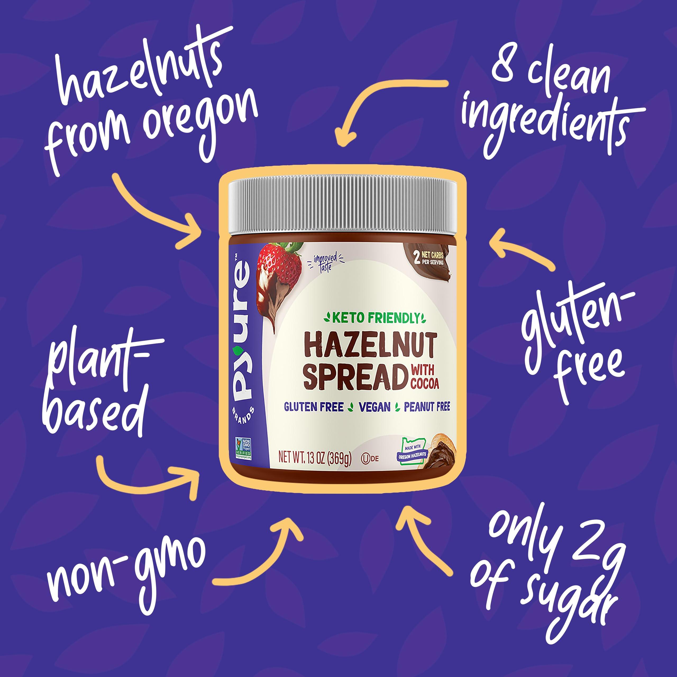 Pyure Pyure Organic Chocolate Hazelnut Spread | 90% Less Sugar | 1 Net Carb Keto Snack | No Palm Oil, Gluten-Free, Peanut Free, Plant-Based Hazelnut Spread for Vegan Keto Friendly Food | 13oz (Pack of 2)