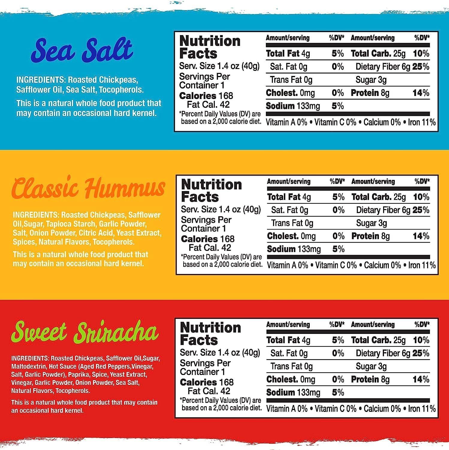 The Good Bean The Good Bean Crunchy Chickpeas - Variety Pack - (10 Pack) 1.4 oz Packet - Sweet Sriracha, Sea Salt, and Classic Hummus Roasted Chickpea Beans - Vegan Snack with Good Source of Plant Protein and Fiber