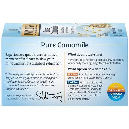 Twinings Twinings Pure Camomile Herbal Tea Individually Wrapped Bags, 20 Count (Pack of 6), Naturally Caffeine-Free, Enjoy Hot or Iced | Packaging May Vary