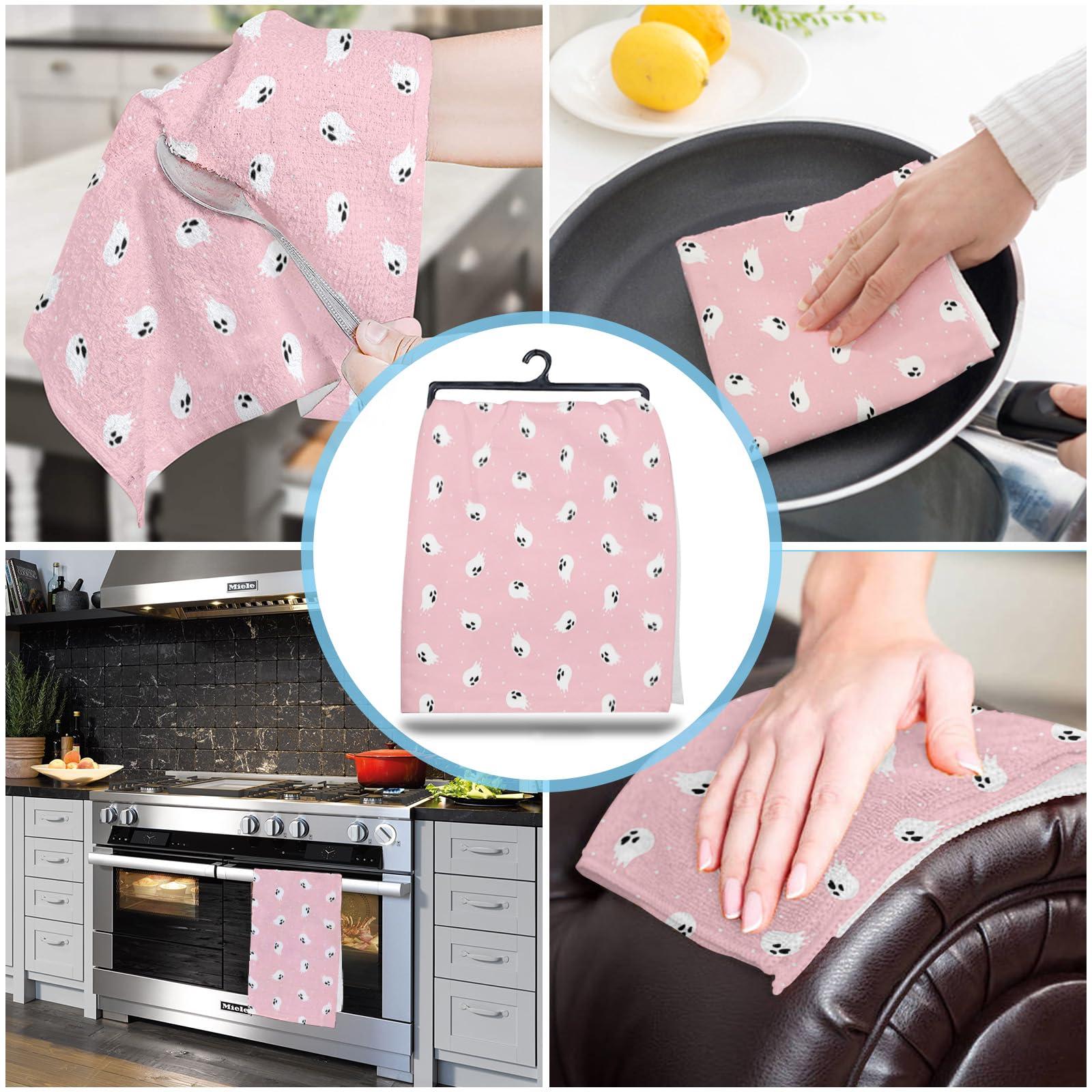 YESOF66 YESOF66 Microfiber Kitchen Dish Cloths, Soft Absorbent Dish Towels Halloween Ghost Texture Pink Reusable Cleaning Cloths Dish Cloth Quick Drying Washable Decorative Tea Towels Hand Towels 2 Pack