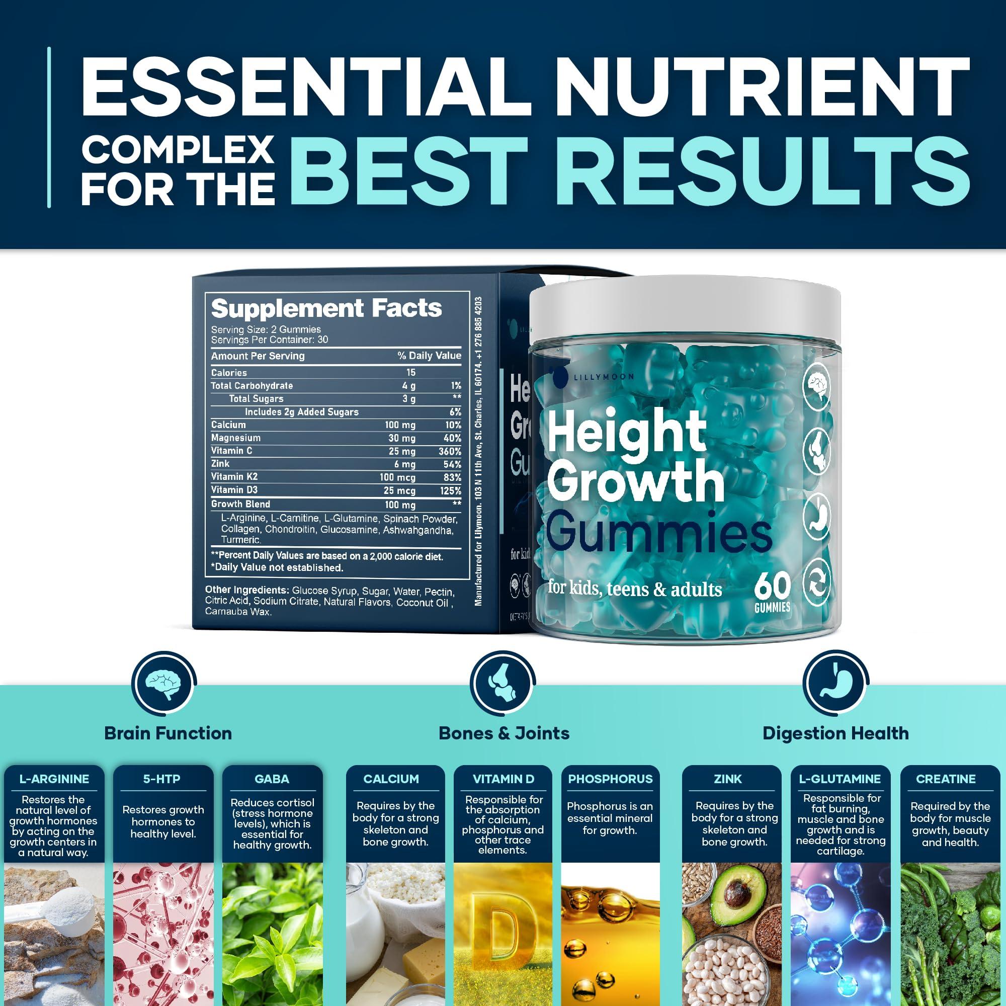LILYMOON Height Growth Gummies Multivitamins, Natural Height Increase Supplement with Calcium, Zinc, K2 D3, Magnesium, Bone Strength Density Support, Grow Taller Gummies for Adults, Kids, Bone Support Complex