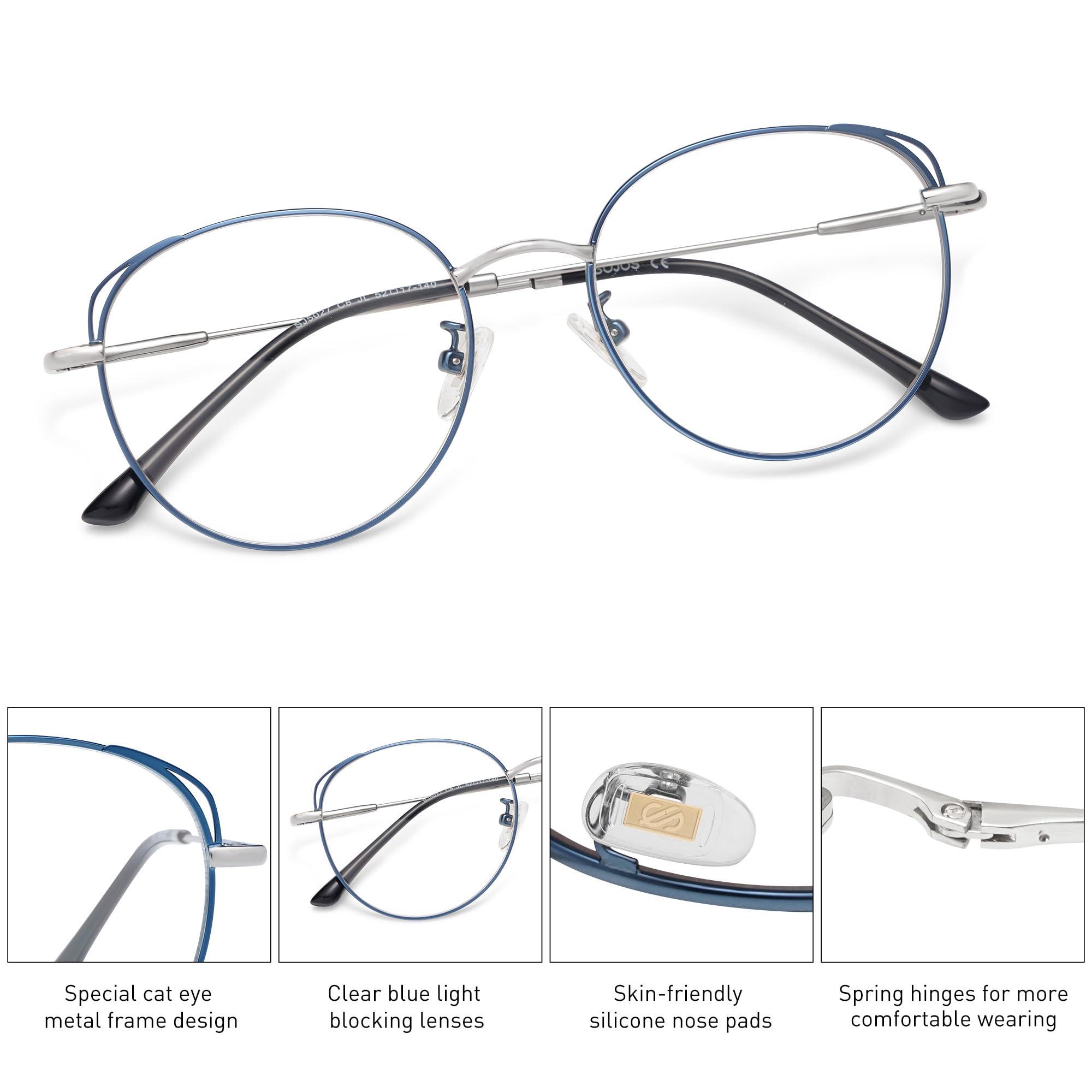 SOJOS SOJOS Cat Eye Blue Light Blocking Glasses for Woman Hipster Metal Frame Womens Eyeglasses She Young SJ5027, Blue&Silver Frame/Anti-Blue Light Lens
