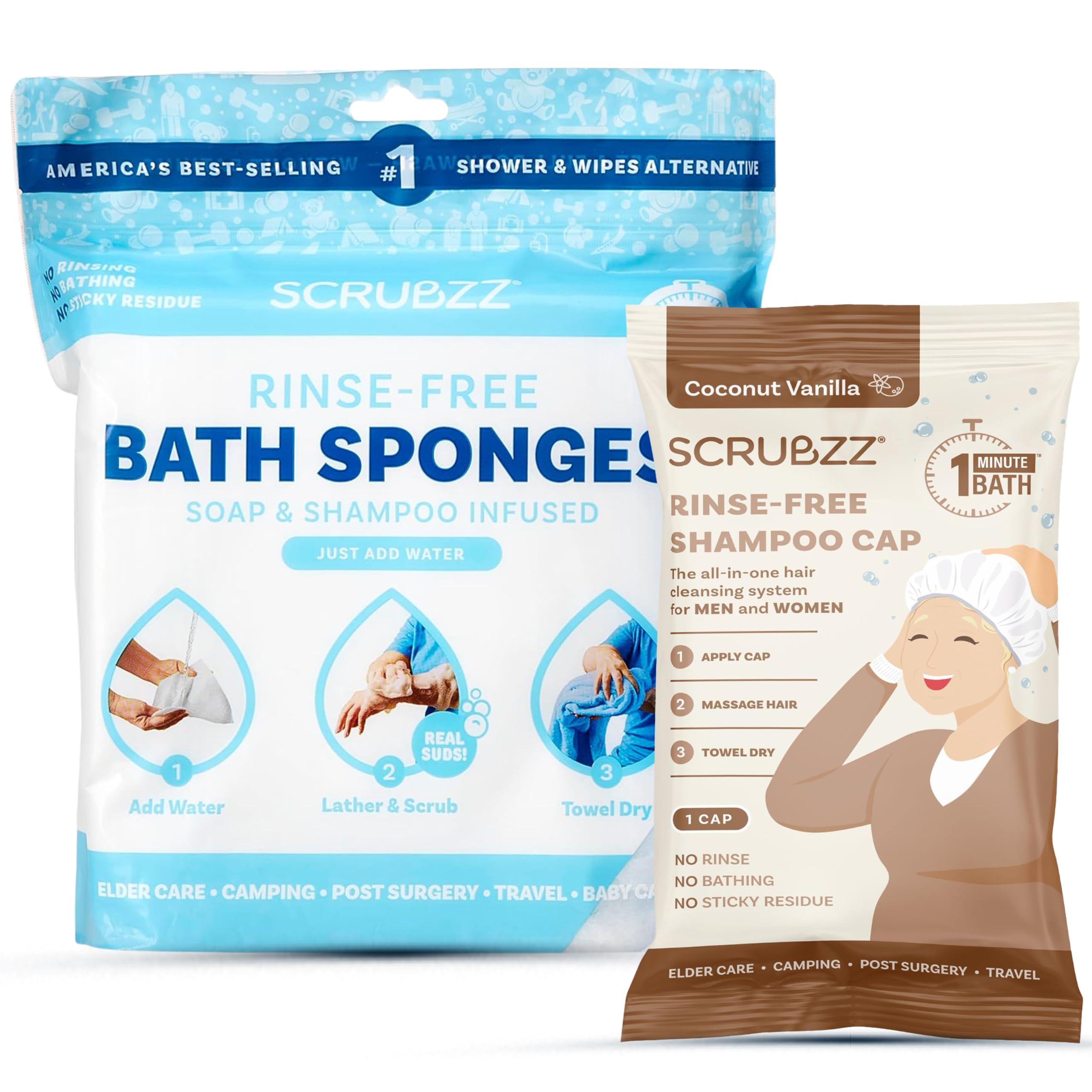 Scrubzz Scrubzz Rinse Free Bathing Sponges and Coconut Vanilla Shampoo Cap Bundle for Eldery Bedridden and Post Surgery Patients