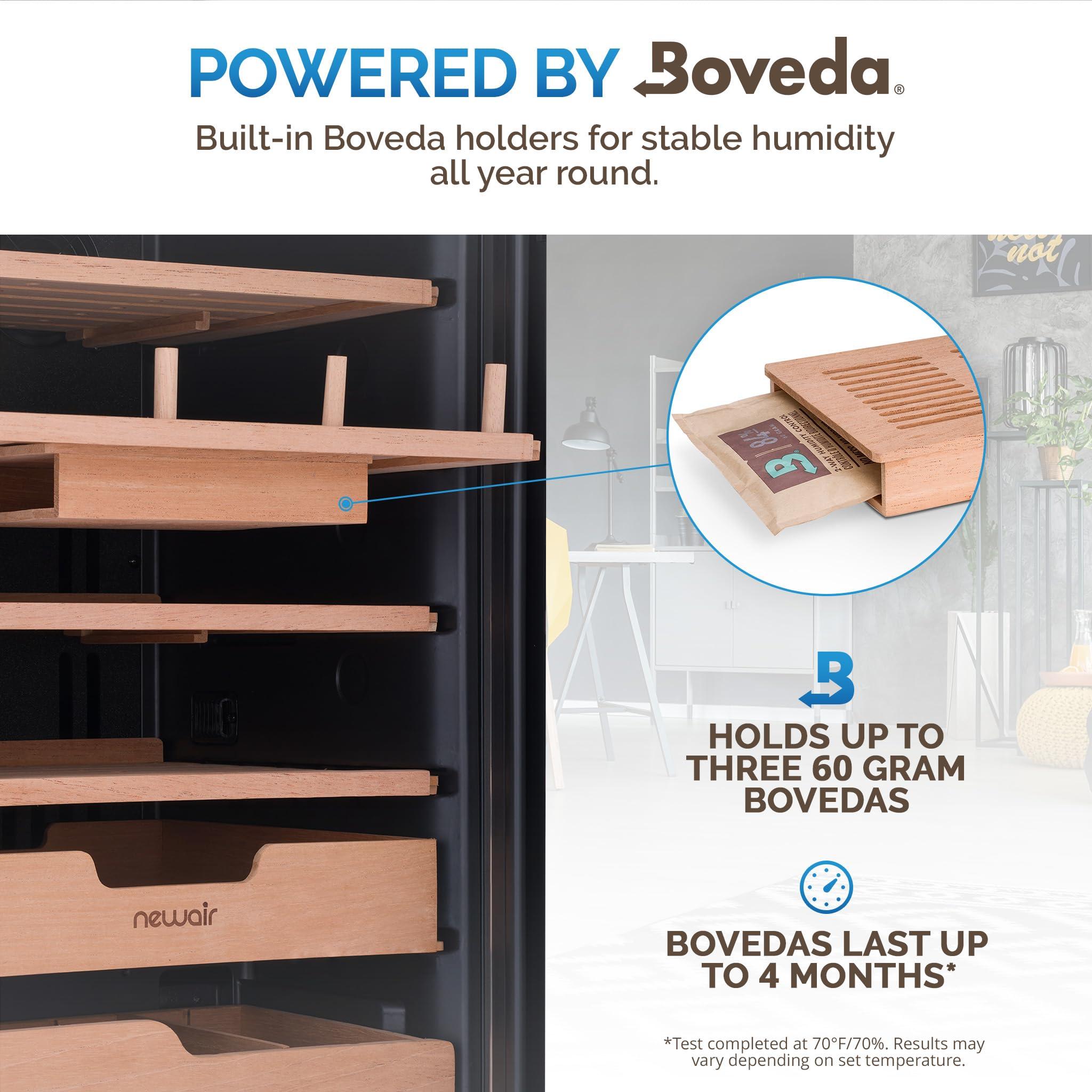 NewAir NewAir x Boveda 500 Count Electric Humidor, Spanish Cedar Shelves with Temperature Control, Cigar Humidor Box with Built-In Boveda Humidity Control in Stainless Steel