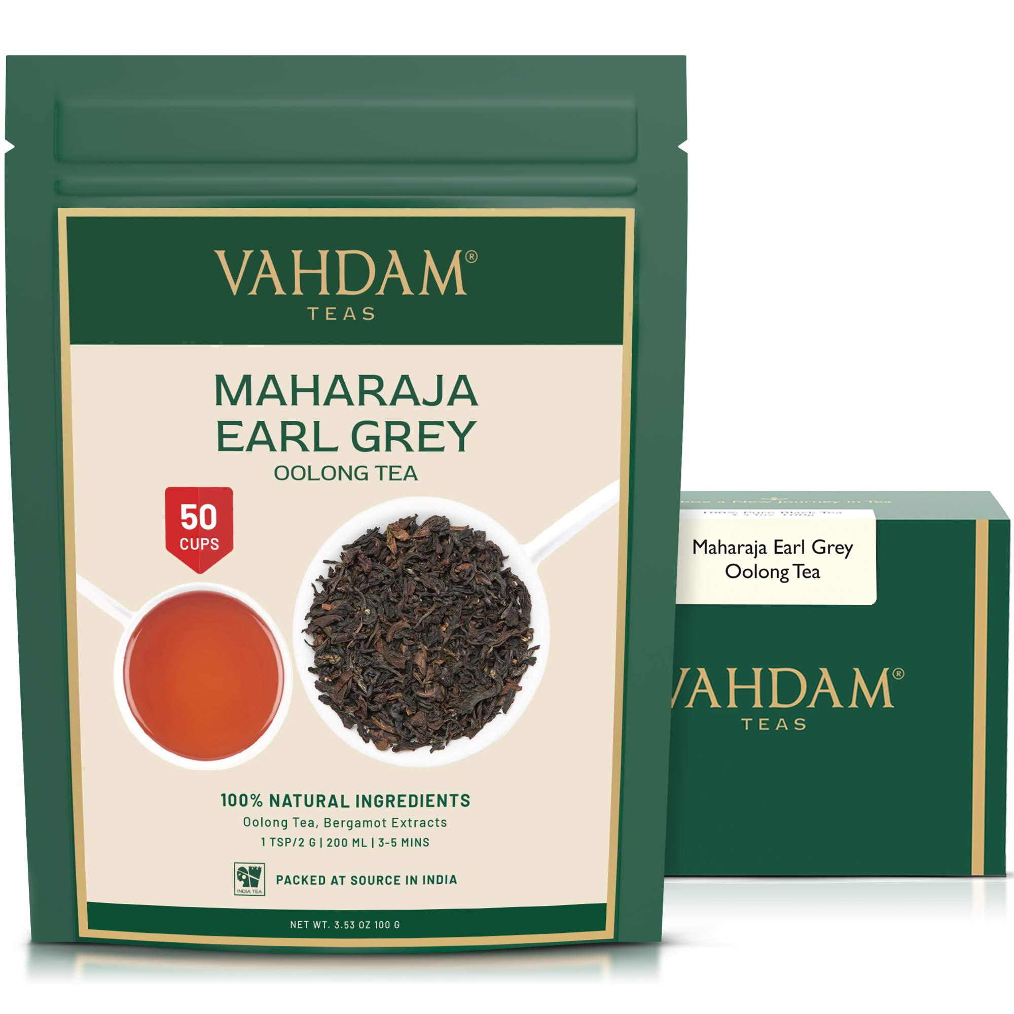 VAHDAM VAHDAM, Maharaja Earl Grey Oolong Tea Loose Leaf (50 Cups/3.53oz) Non GMO, Gluten Free | Oolong Tea Leaves | Loose Leaf Earl Grey Tea With Pure Bergamot Oil | Brew As Hot Or Iced Tea