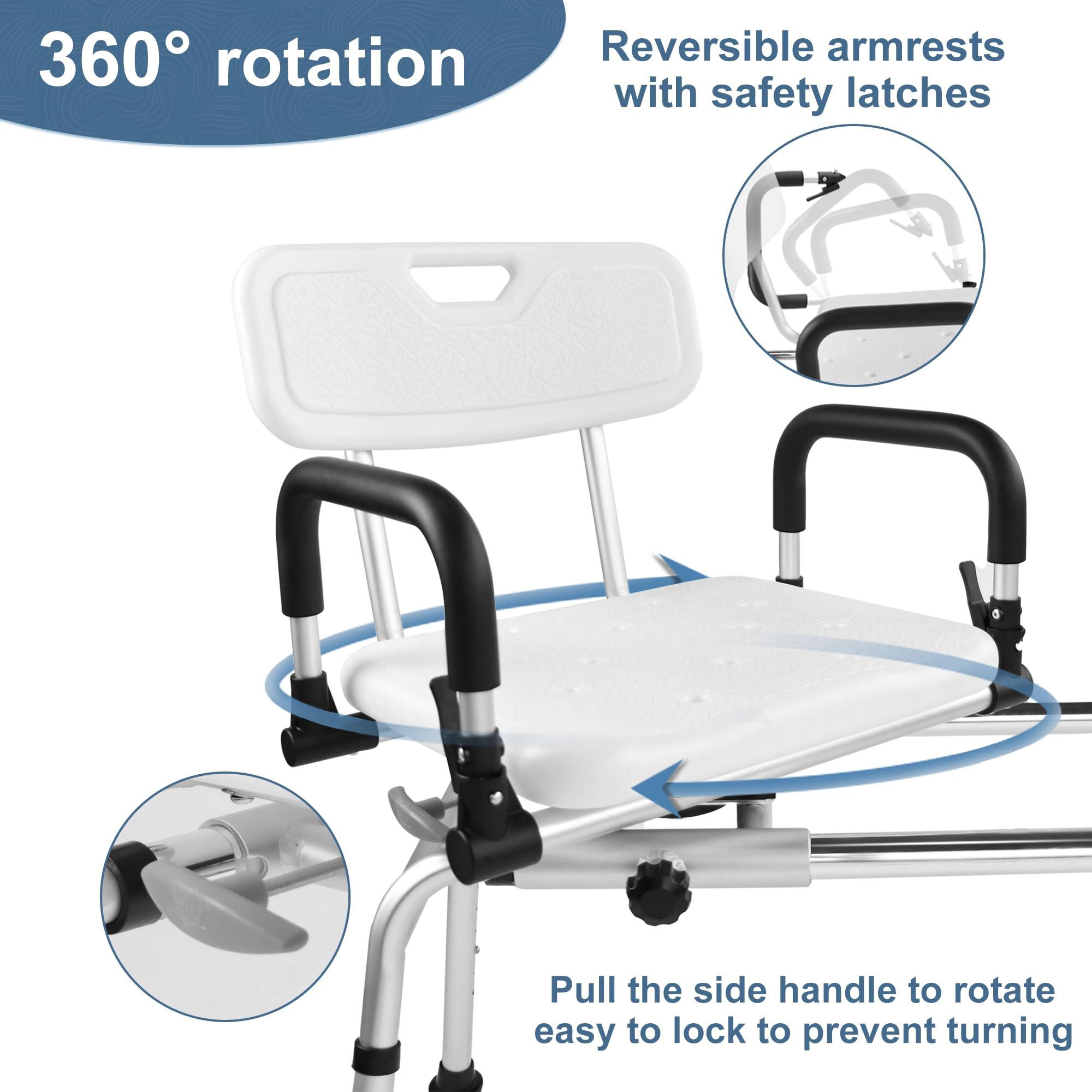 Eosprim EOSPRIM Sliding Shower Chair with Extra-Wide 360 Swivel Seat, 400 Lbs Capacity Tub Transfer Bench, Non-Slip & Padded Arms, Height Adjustable for use by Elderly & Disabled Persons in The Shower stall