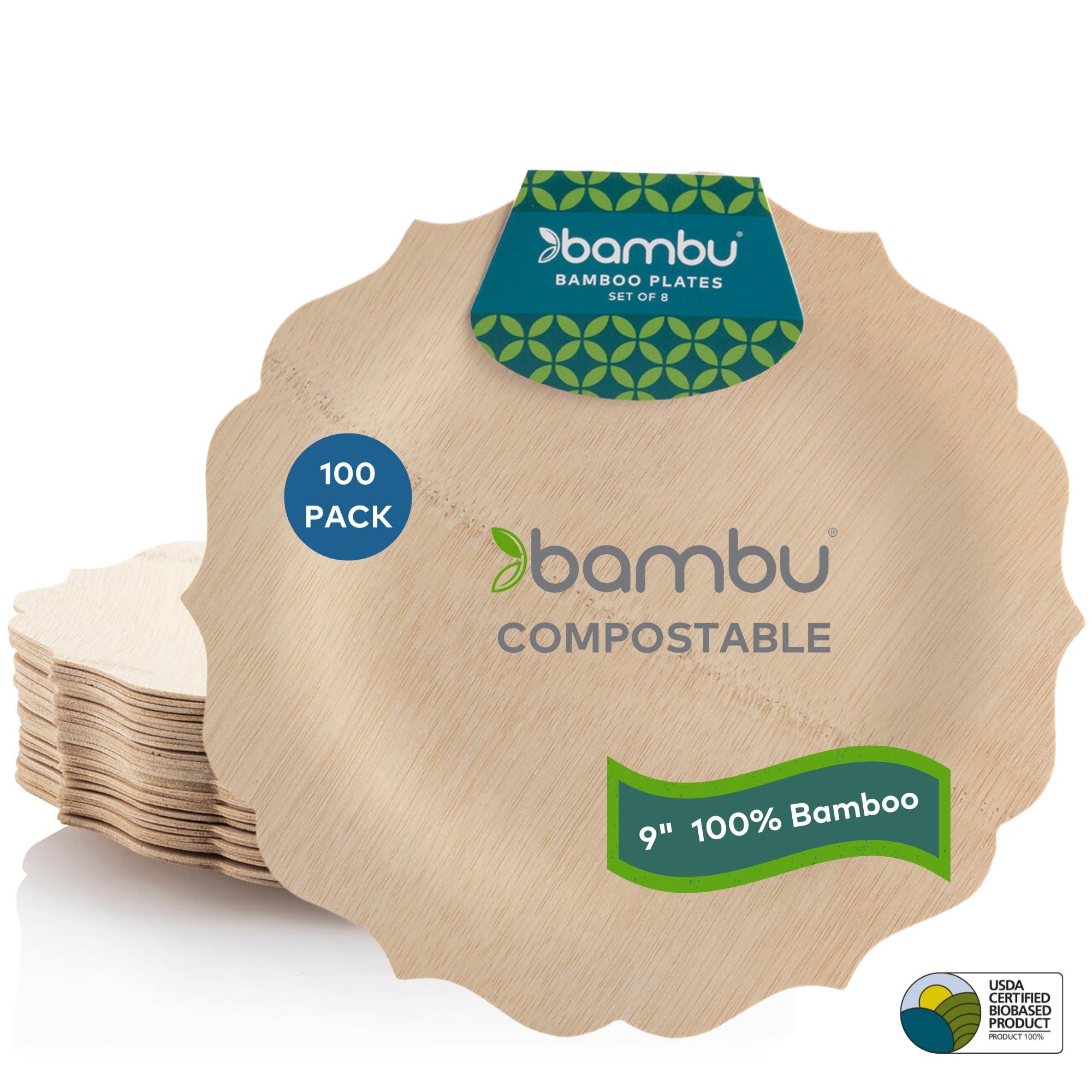 Bambu Bambu Pack of 100-9 Inch Disposable Bamboo Plates Fancy, Biodegradable Eco Friendly Products, Bamboo Disposable Plates for Party, Weddings, and Events, Great For Any Occasion - Bulk Case
