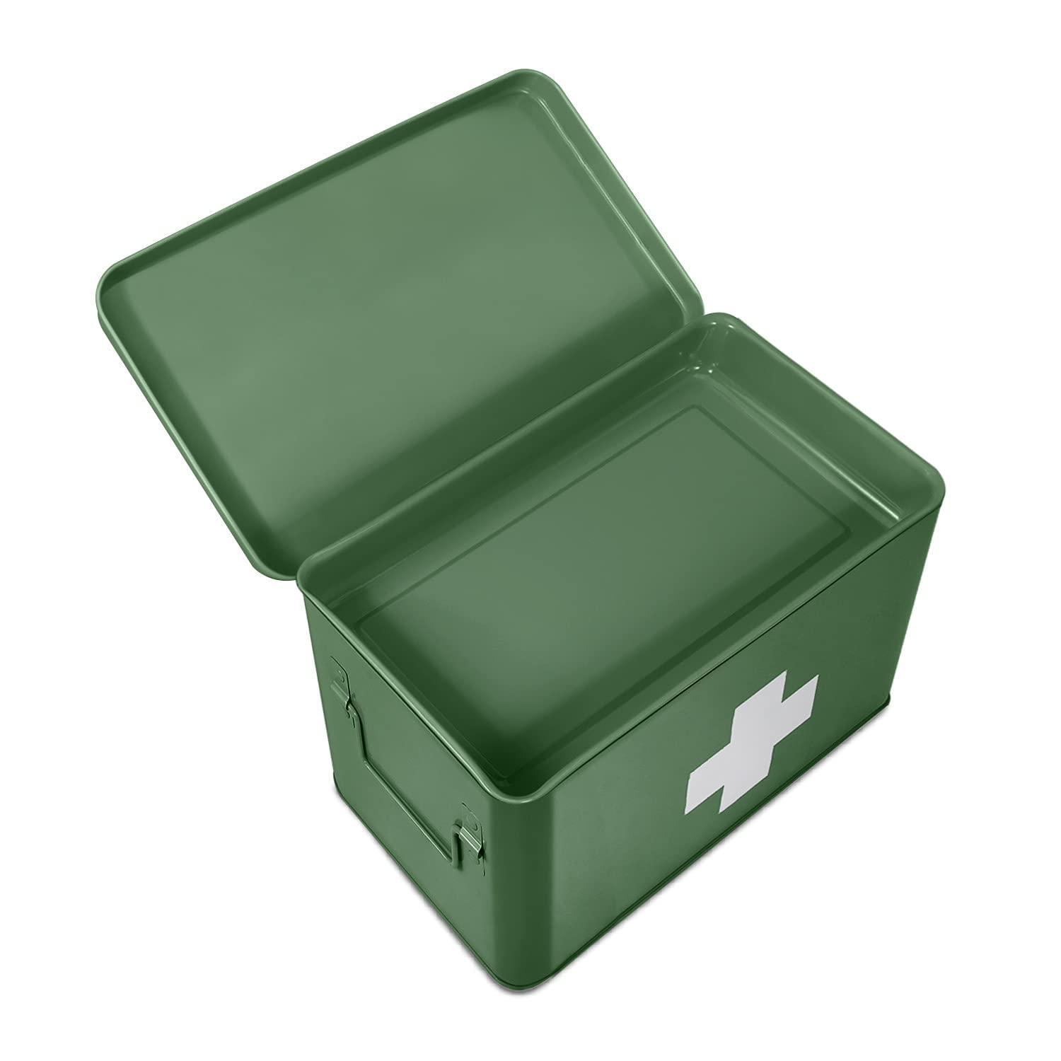 Flexzion Flexzion First Aid Box Organizer - Empty 13\" Green Vintage First Aid Kit Tin Metal Medical Box - First Aid Storage Box Container Bins with Dividers, Removable Tray and White Cross Logo