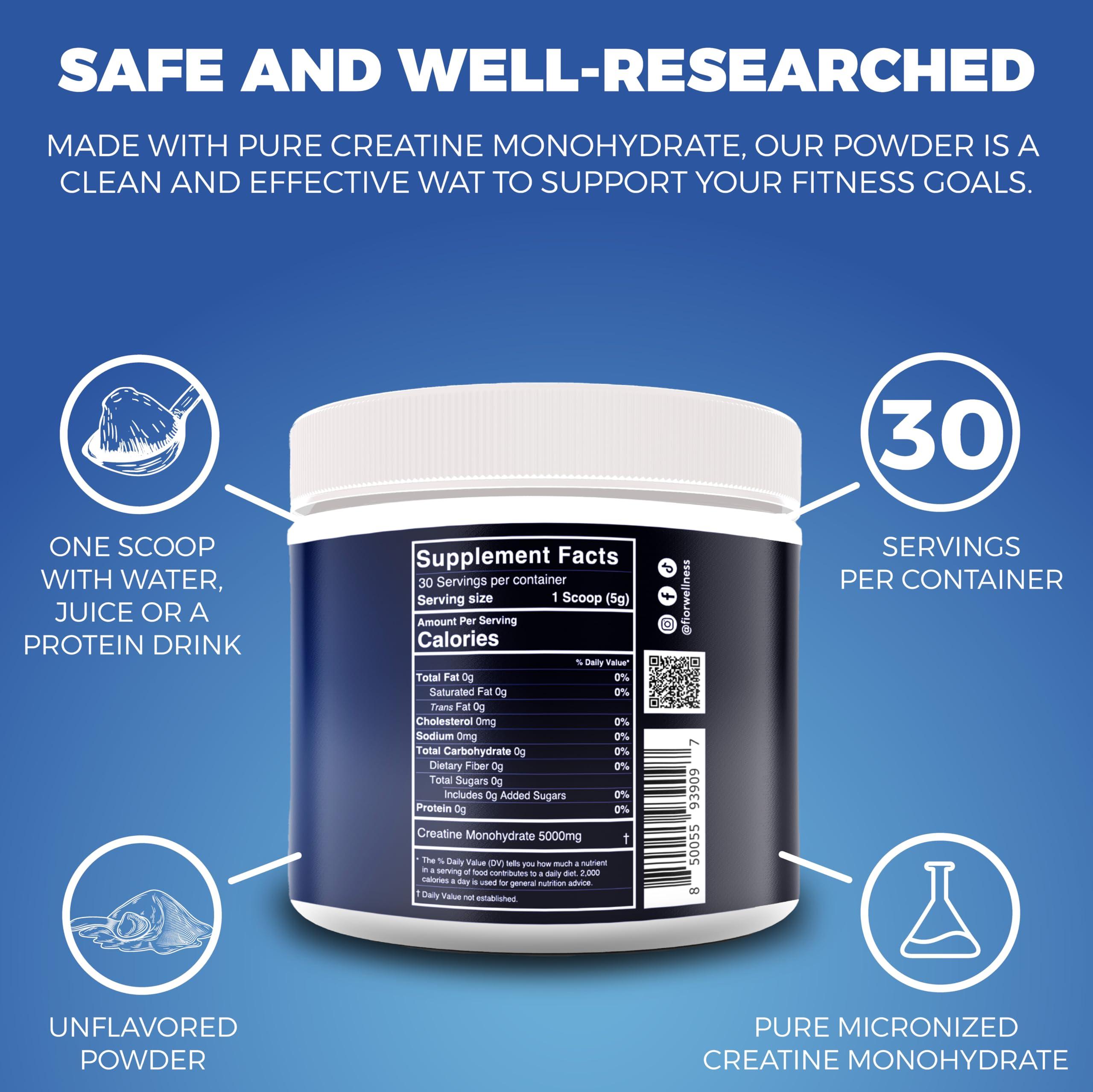 FIOR FIOR Pure Creatine Monohydrate Powder - Micronized Creatine for Men & Women, Pure Non-GMO, Vegan & Gluten Free Creatine Powder, 5 Grams per Serving, 30 Servings