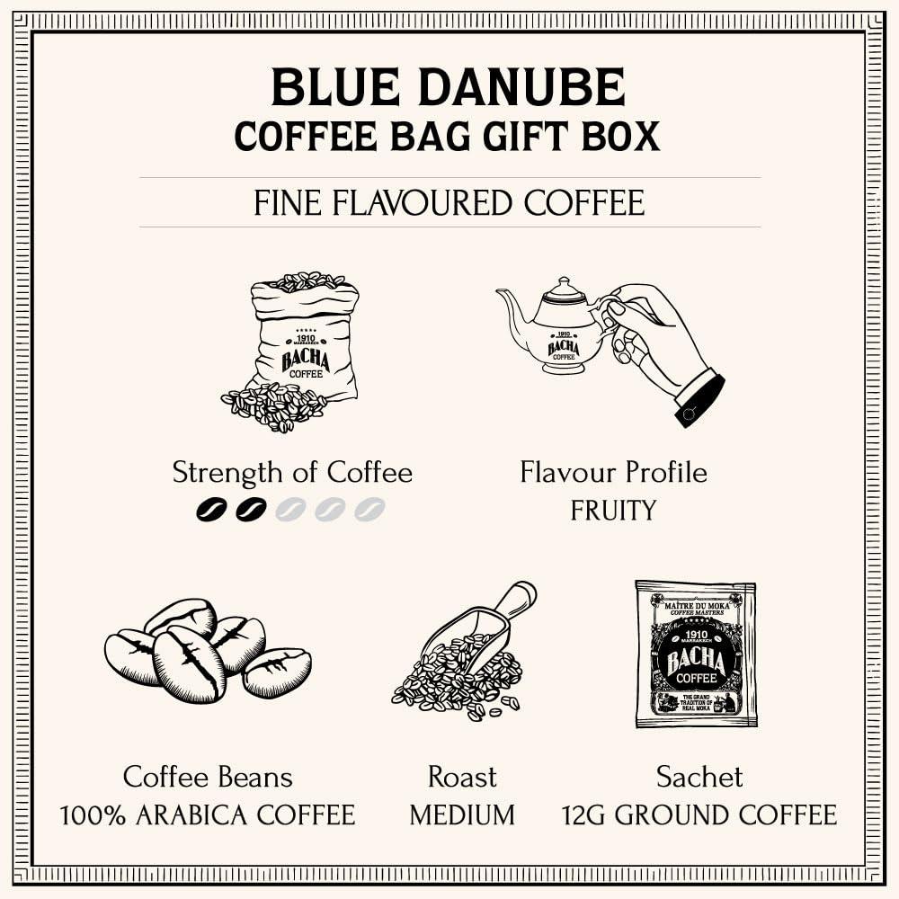 Bacha Coffee Bacha Coffee | Blue Danube Fine Flavoured, Medium Roast, 12 * 12g Individually Wrapped 100% Arabica Single Serve Filter Bags