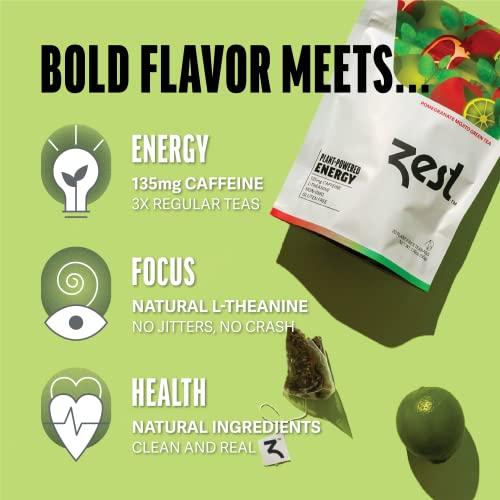 ZEST TEA Zest 135mg High Caffeine Energy Leaf Blend - Pomegranate Mojito Green Tea - 20 Pack Bag - All Natural Strong Flavored Healthy Coffee Alternative Highly Caffeinated Substitute - Perfect for Keto