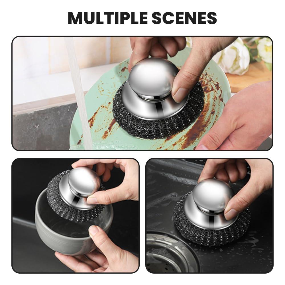 Cecurpo Steel Wool Scrubber, 2024 Upgraded Stainless Steel Wool Scrubber with Handle, Detachable Metal Steel Scrubber Wool Pads for Cleaning Dishes, Iron Pots, Stoves, Wash Sink (3)