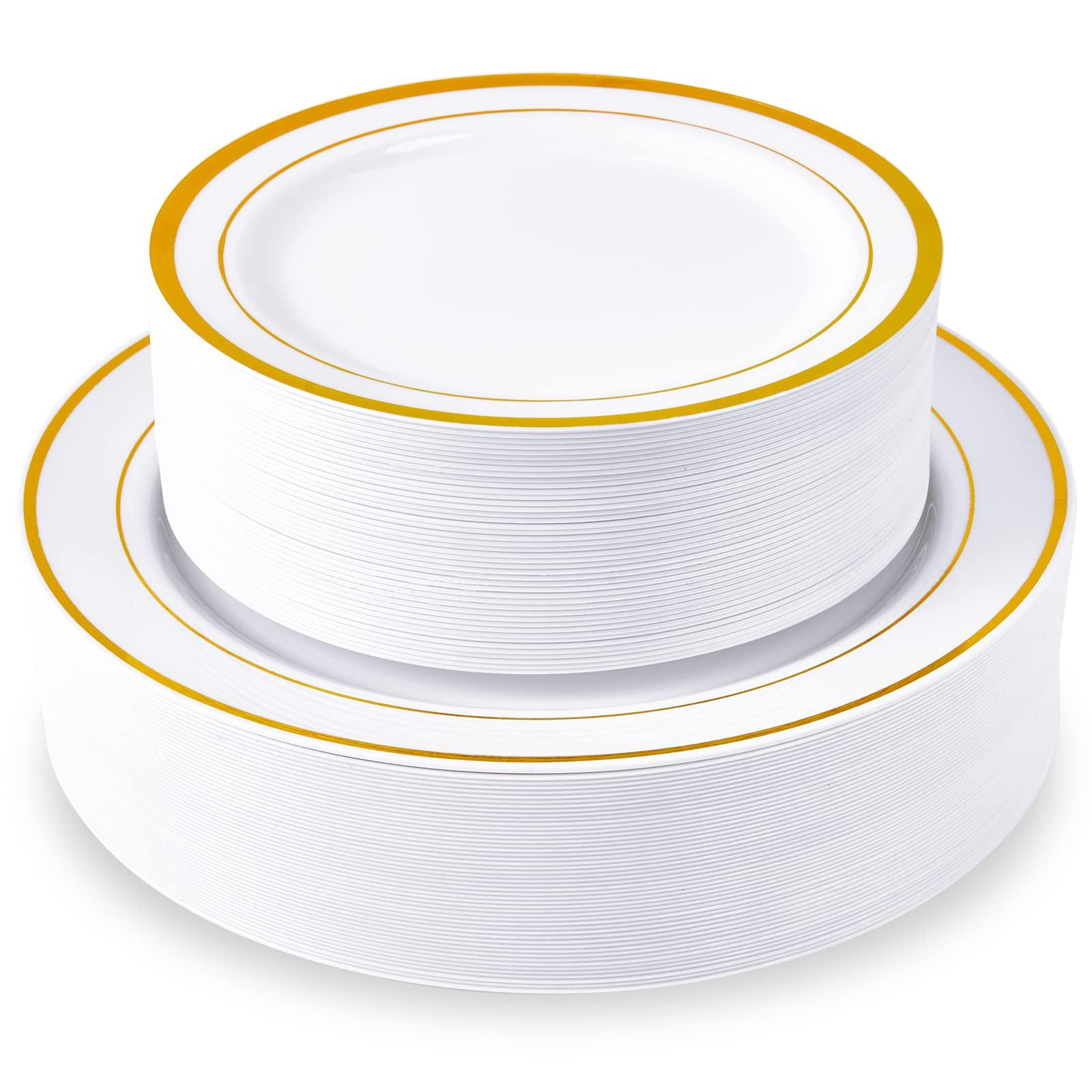 JollyPack Gold Plastic Plates 100 Pack with 10 in Dinner Plates 50 Pack, 7 in Salad Plates 50 Pack and 9 OZ Plastic Cups 300 Pack
