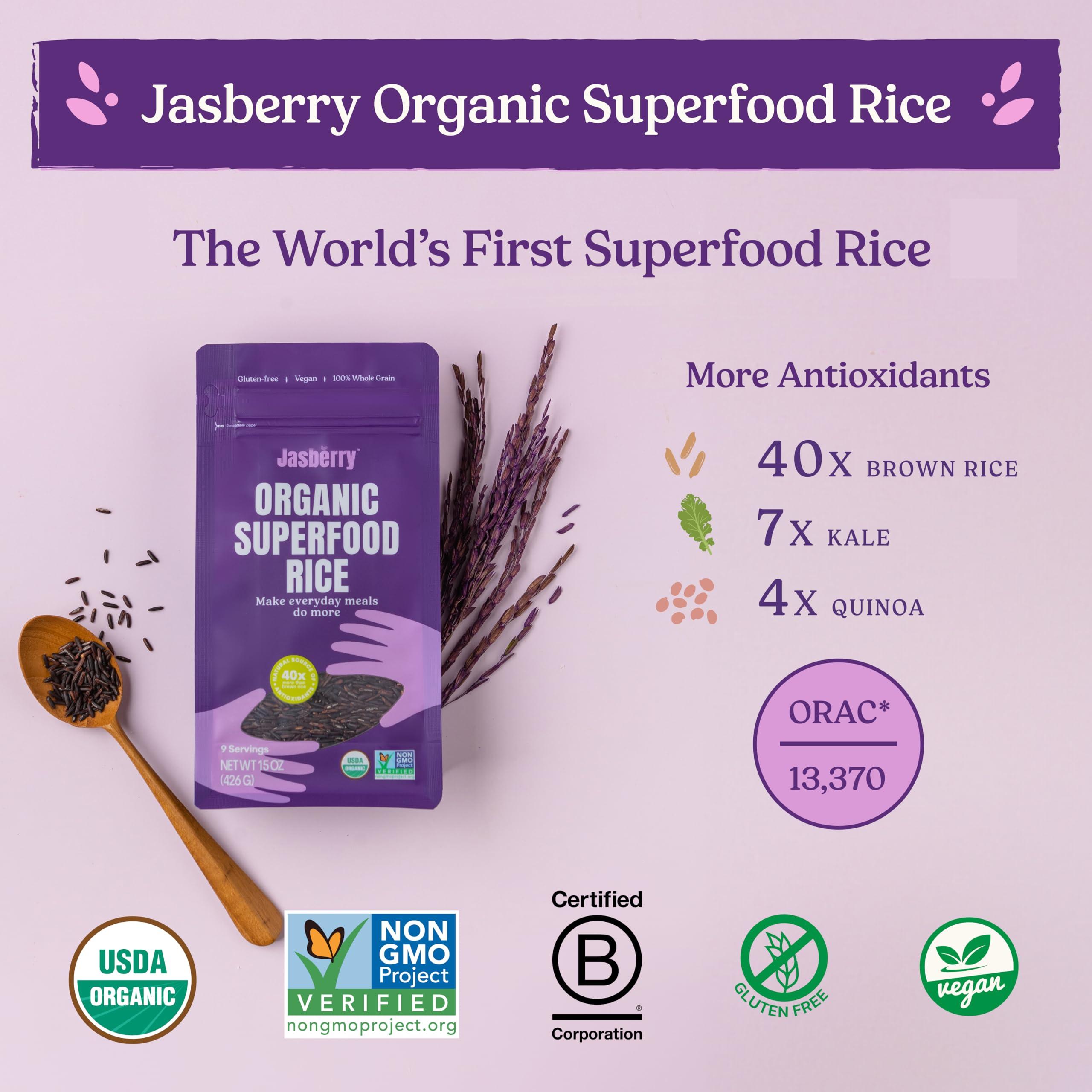 Jasberry Jasberry - Organic Superfood Rice, Soft & Aromatic Whole Grain Purple Rice, High in Antioxidants, Non-GMO, Gluten-free, Easy to cook, Versatile USDA Certified Organic, Vegan (15 Oz Resealable Zip Bag)