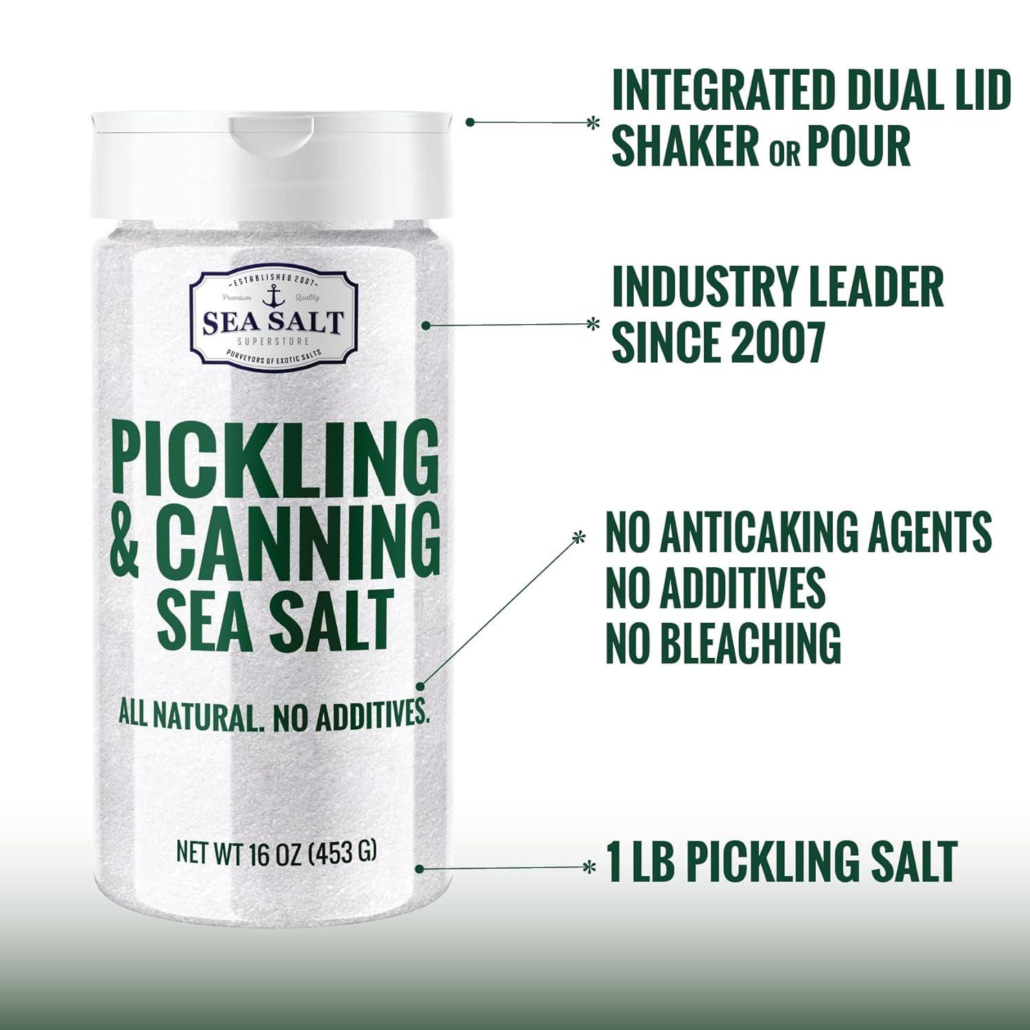 Sea Salt Superstore Pickling & Canning Salt, Pickling Salt & Curing Salt for Natural Preserving, Fine Sea Salt & Kosher Salt for Brining, 1 lb Shaker Non Iodized Salt, Sea Salt Superstore
