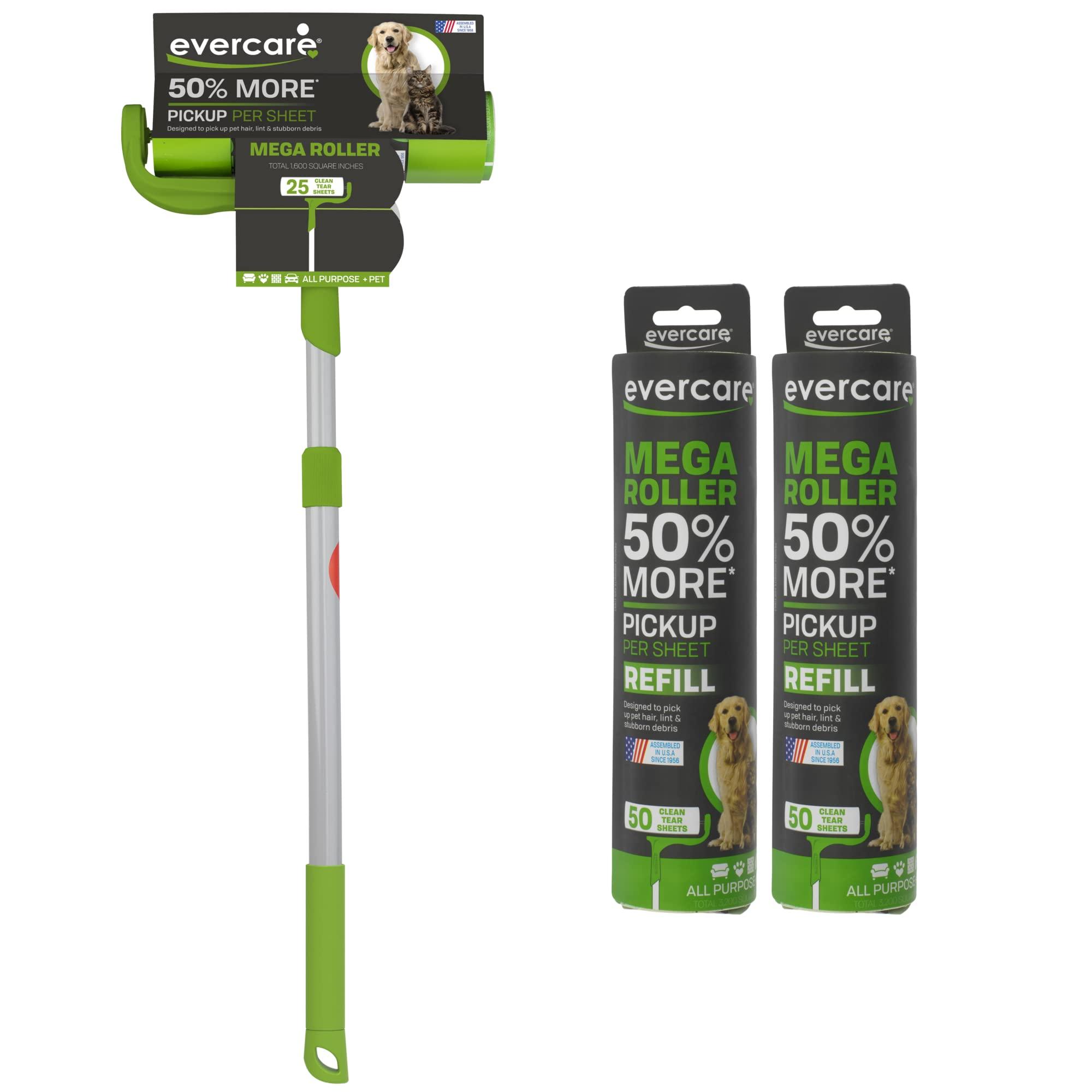 Evercare Evercare Pet Mega Lint Roller Value Pack with Two 50-Sheet Refills - includes Refillable Lint Roller, Adhesive Sheets, Versatile Cleaning Uses, Home and On-The-Go Use, Extendable Handle