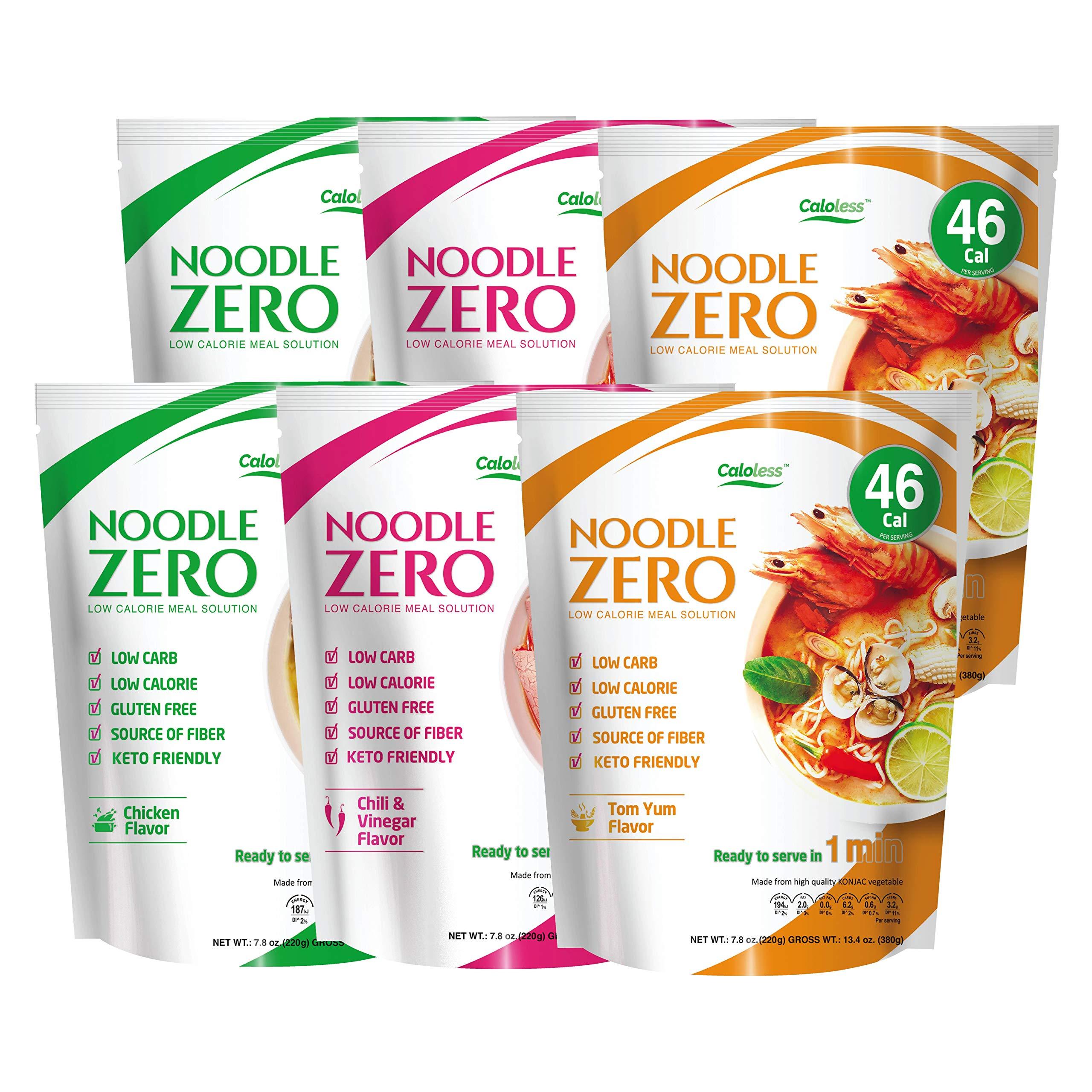 Caloless Caloless Konjac Shirataki Noodles 6-Pack Low Calorie Healthy Food (Chicken/Tom Yum/Chilli & Vinegar)-Gluten Free, Keto Snacks,Low Carbs Glucomannan Diabetic Noodle Pasta Flavor Variety Pack