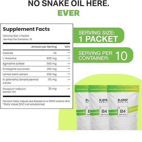 Ramp Health Ramp Health B4 Calm Focus - Brain Supplements for Memory and Focus - Focus Supplement - Brain Supplement - L-Theanine, Lemon Balm Extract and More - Citrus Smooth - 20 Count, White