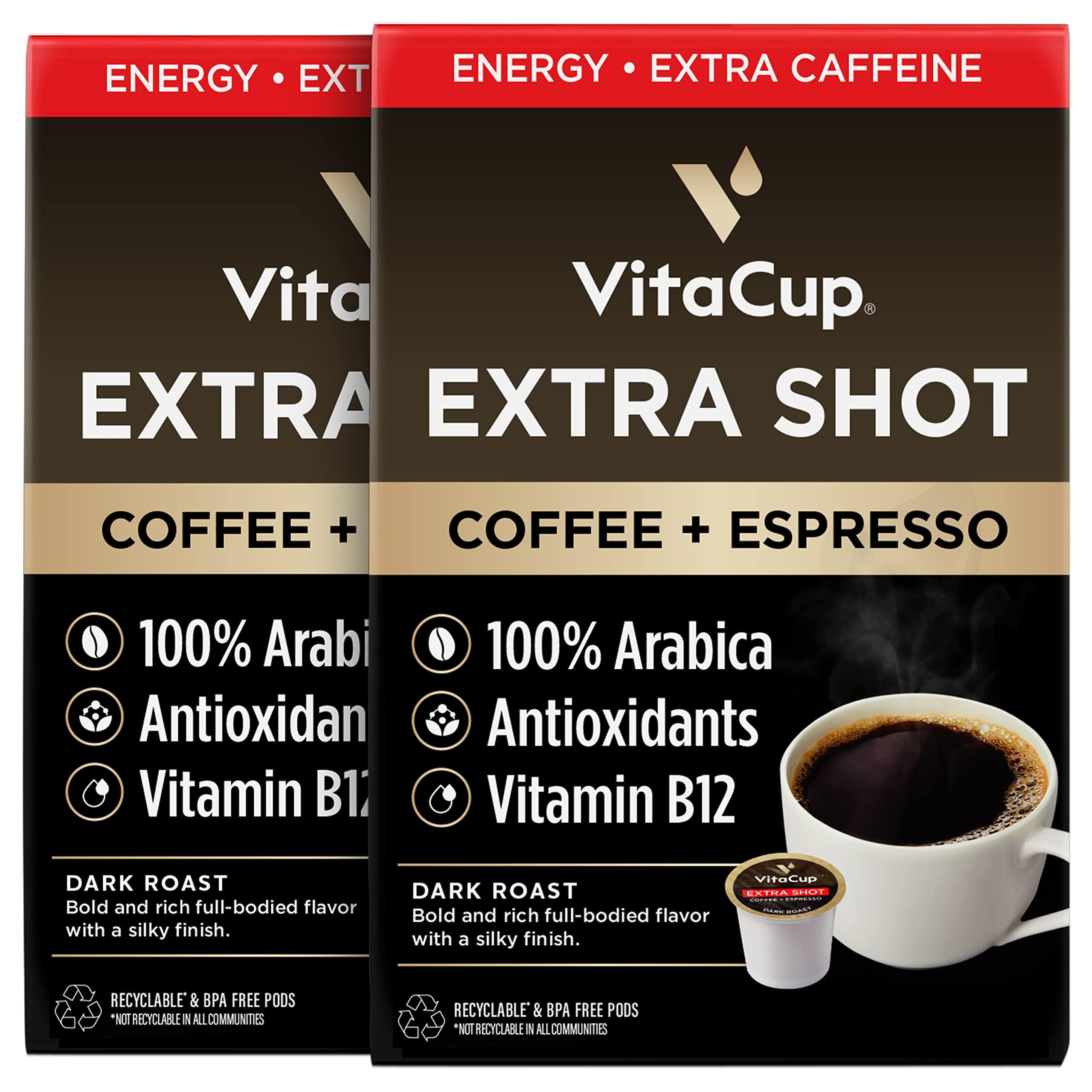 VitaCup VitaCup Extra Shot Strong Coffee Pods, Bold & Intense Dark Roast w/Espresso Shot, High Caffeine, Vitamin B12, Antioxidants, Recyclable Single Serve Pod Compatible w/Keurig K-Cup Brewers, 32ct