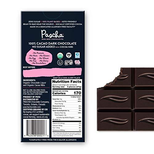 Pascha Pascha Organic No Added Sugar 100% Cacao With Cocoa Nibs Chocolate Bars, UTZ, Gluten Free, Non GMO, Pack of 5