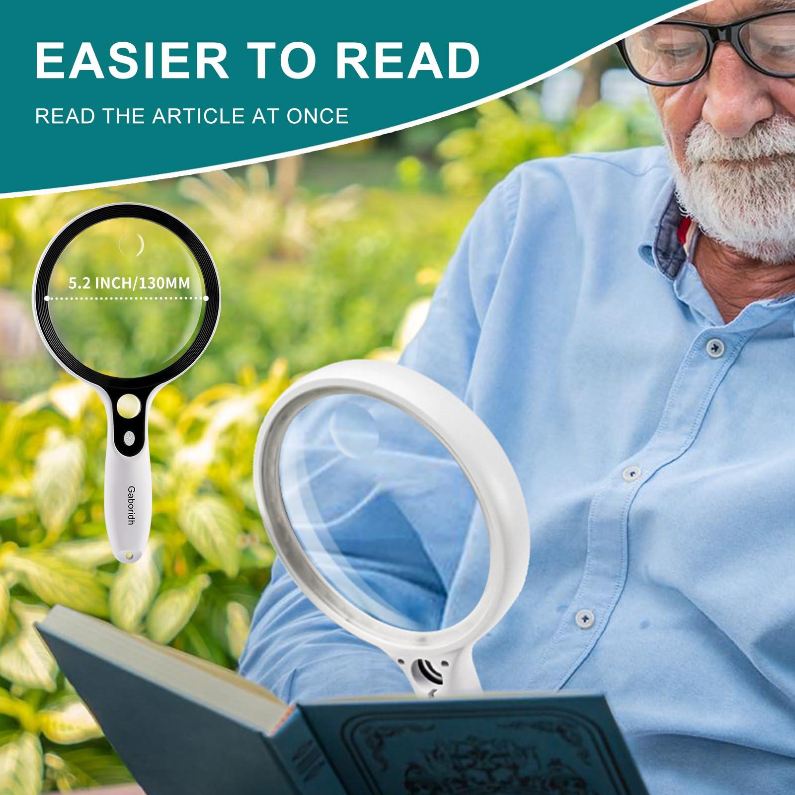 GABORISH Large Magnifying Glass with 37 LED Light, 10X 20X 45X Handheld Illuminated Lighted Magnifier for Seniors Reading, Inspection, Coins, Exploring Close Work