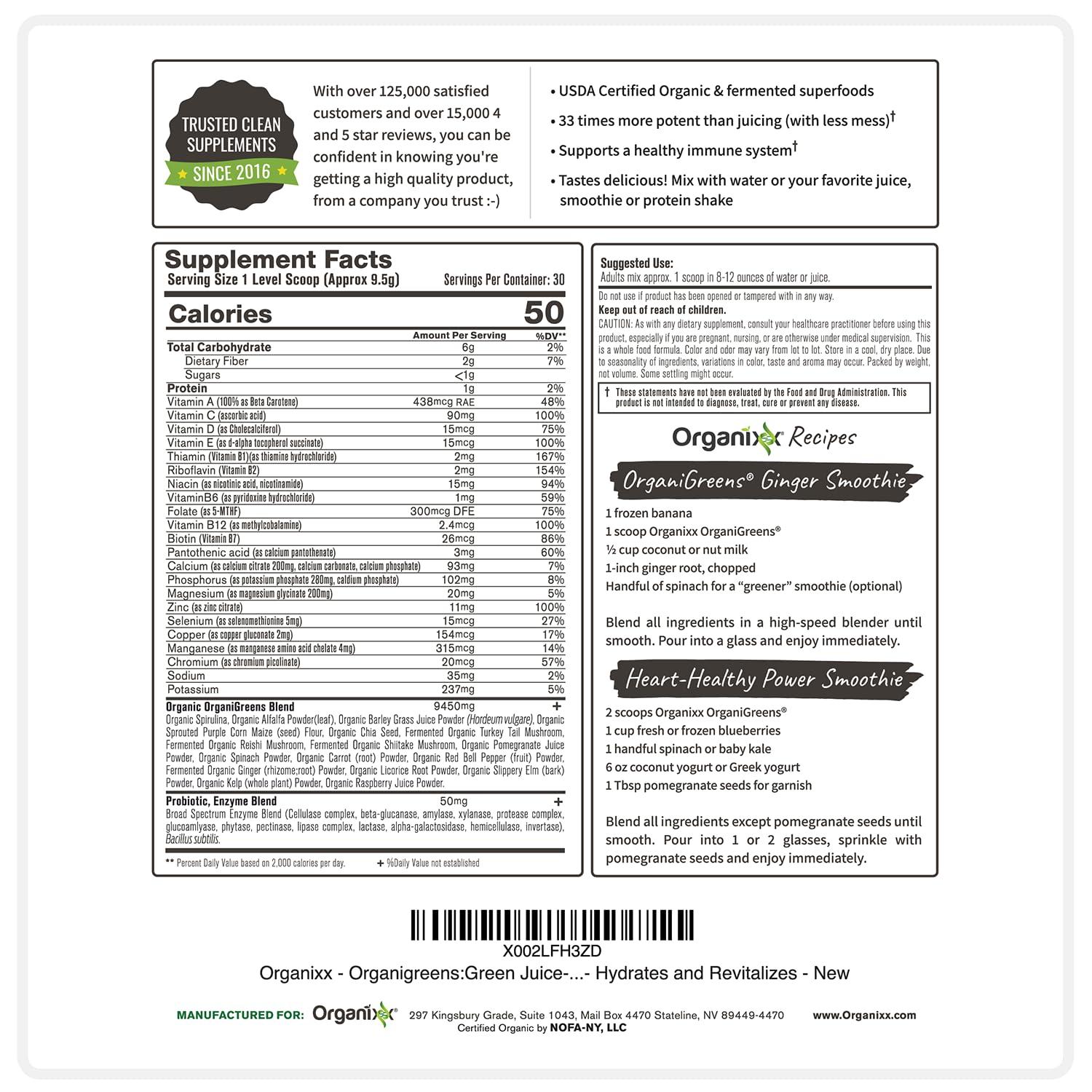 Organixx Organixx Greens Superfood Powder with Probiotic Digestive Enzymes, Gluten Free, Vegan, Daily Super Greens Powder Supplement Drink Mix for Gut Health, Immune Support & Energy, Organic, Non GMO, 10 oz