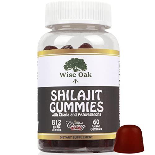 Centinela Health Company Wise Oak Shilajit Gummies 500mg with Chaga Ashwagandha B12 and D2 Vitamins - Black Cherry Flavored Naturally Vegan Ayurveda Humic Fulvic Acid and Trace Minerals - Pure Himalayan Shilajit Supplement