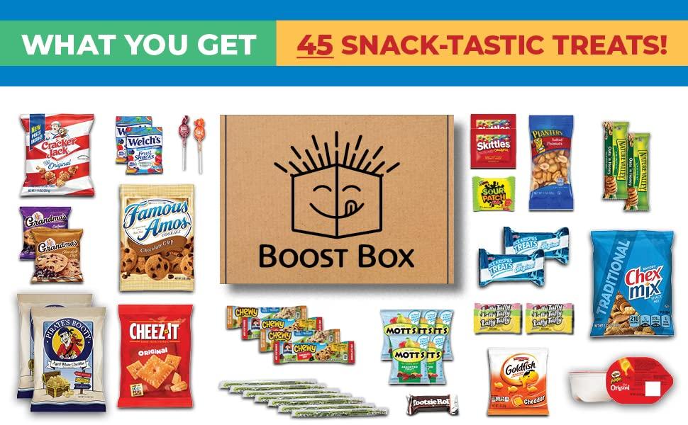 BoostBox BOOST BOX (45 Count) Premium Snack Boxes, Care Packages & Gifts Baskets for Kids Variety Pack Mix Gift Sampler Chips Cookies Candy Treats Office Staff Military Adults Kids College Students Birthday Recognition