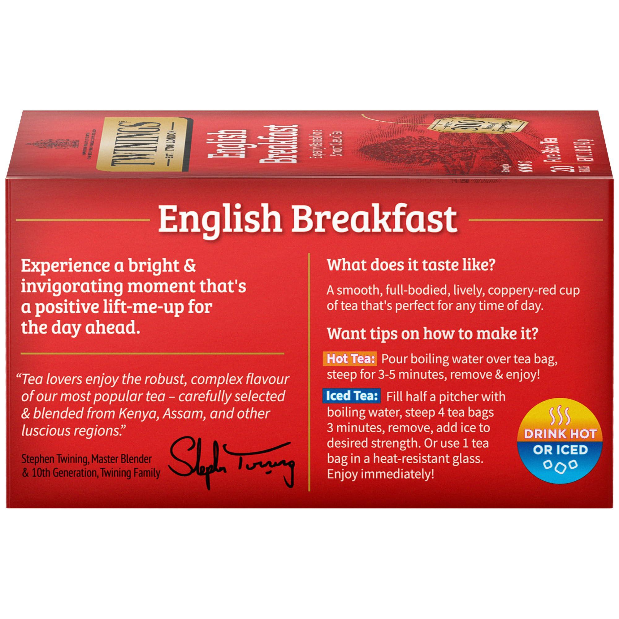 Twinings Twinings English Breakfast Black Tea Individually Wrapped Bags, 20 Count (Pack of 6), Flavourful, Robust, Caffeinated, Enjoy Hot or Iced | Packaging May Vary