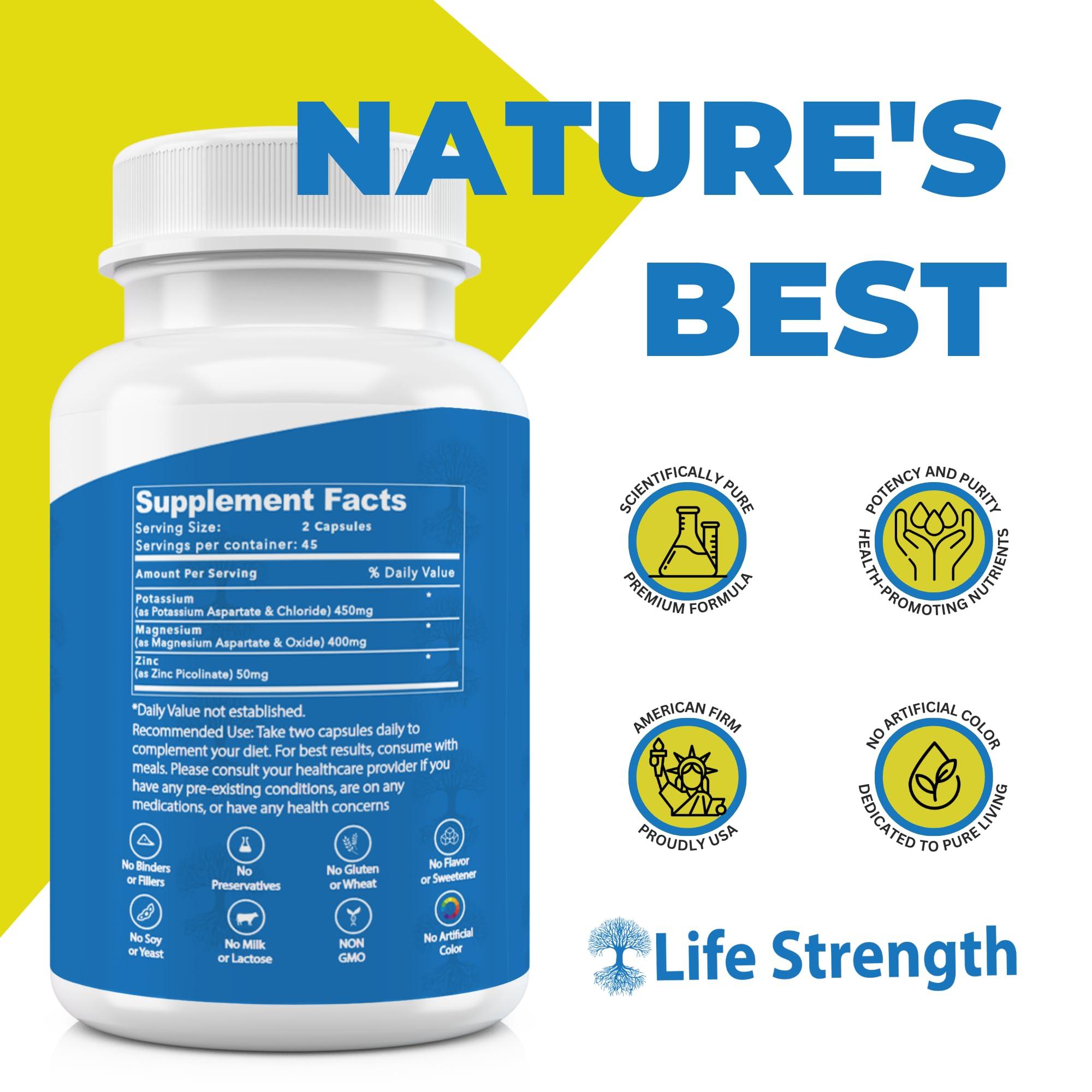 LifeStrength Life Strength Magnesium Potassium Supplements + Zinc 90 Capsules for Vascular Health High Absorption Vegan, Natural ingredients Supplement for Leg Cramps and Sleep
