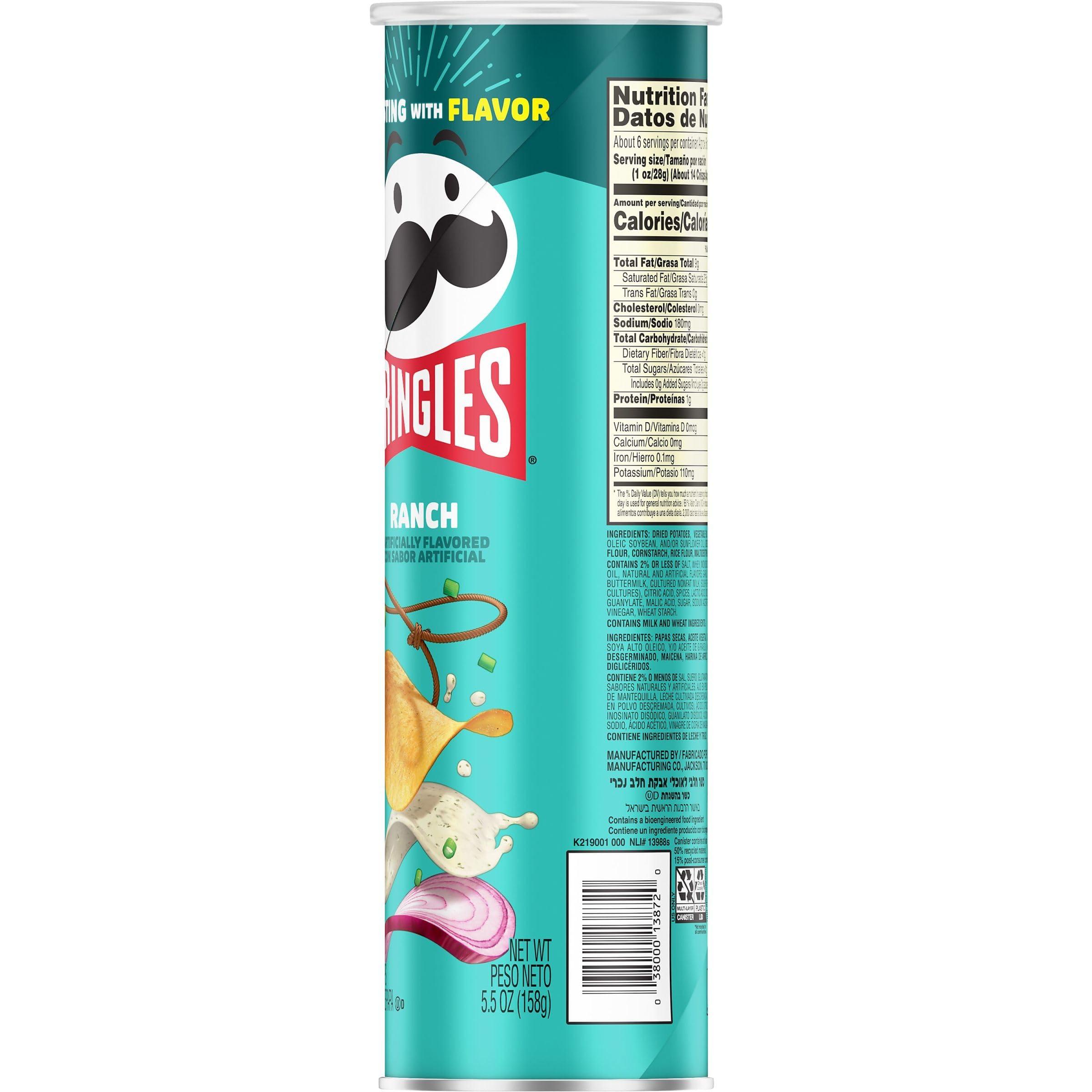 Pringles Pringles Potato Crisps Chips, Lunch Snacks, On-The-Go Snacks, Ranch, 5.5oz Can (1 Can)