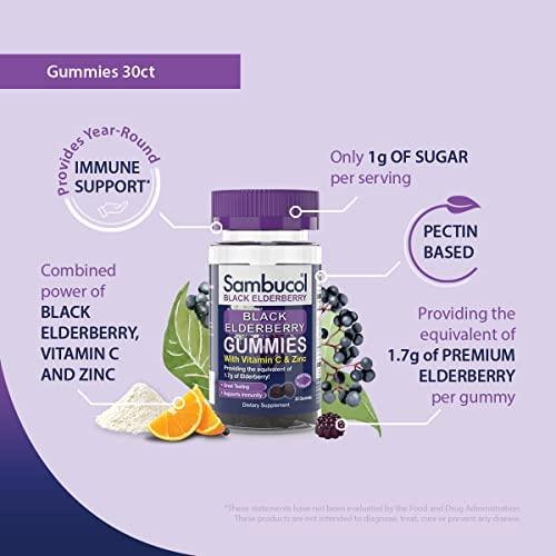 Sambucol Sambucol Black Elderberry Gummies with Vitamin C & Zinc - Sambucus Elderberry Gummies for Immune Support, High Antioxidants, Gluten Free, Vegan, Elderberry with Zinc & Vitamin C - 30 Count, 2 Pack
