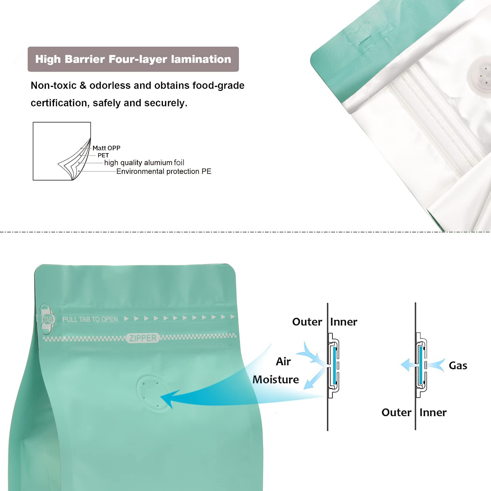 EverPack High Barrier Foil Coffee Bags with Degassing Valve, Resealable Coffee Pouches with Air Release Valve, Flat Bottom & Pull Tab Zipper, Matt Green Blue (50, 16oz/1lb/500gm)