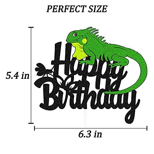 Ohiviaaa Lizard Cake Topper Lizard Animal Silhouette Happy Birthday Cake Decorations Kids Boy Girl Birthday Party Glitter Black Supplies Decor