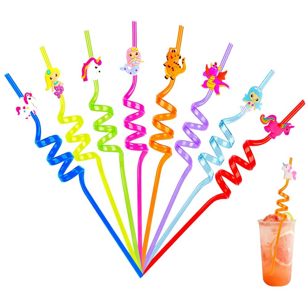 DLSMDOUS 24 Reusable Drinking Plastic Straws + 6 Temporary Tattoos or 6 Silicone bracelets for Girls and Boys Birthday Party Decorations with Unicorn,Mermaid,or Dinosoaur,plus 1 Cleaning Brush