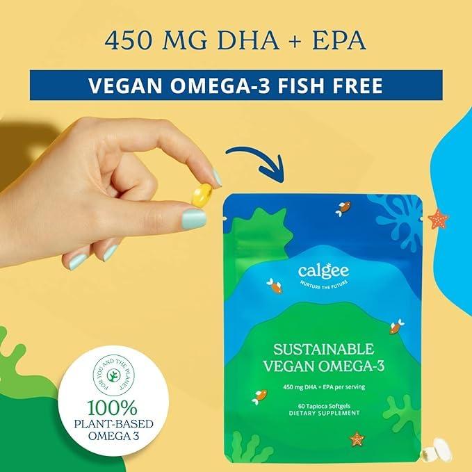 Calgee Calgee Vegan Omega 3-450mg DHA & EPA Fatty Acids - Sustainable Algae Oil - Plant-Based Fish Oil Alternative - Carrageenan-Free Softgels (60 Ct)