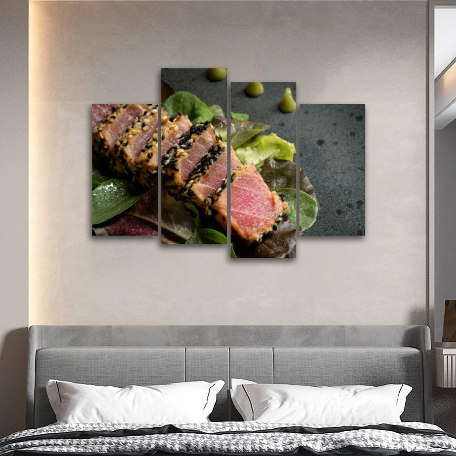 CXHSZHYZYQ CXHSZHYZYQ Canvas Wall Art Prints Pictures Grilled Sliced Tuna Steak Salad Sauce Framed Posters Modern Wall Painting Artwork Gift Home Decor for Living Room Ready to Hang 4 Panel