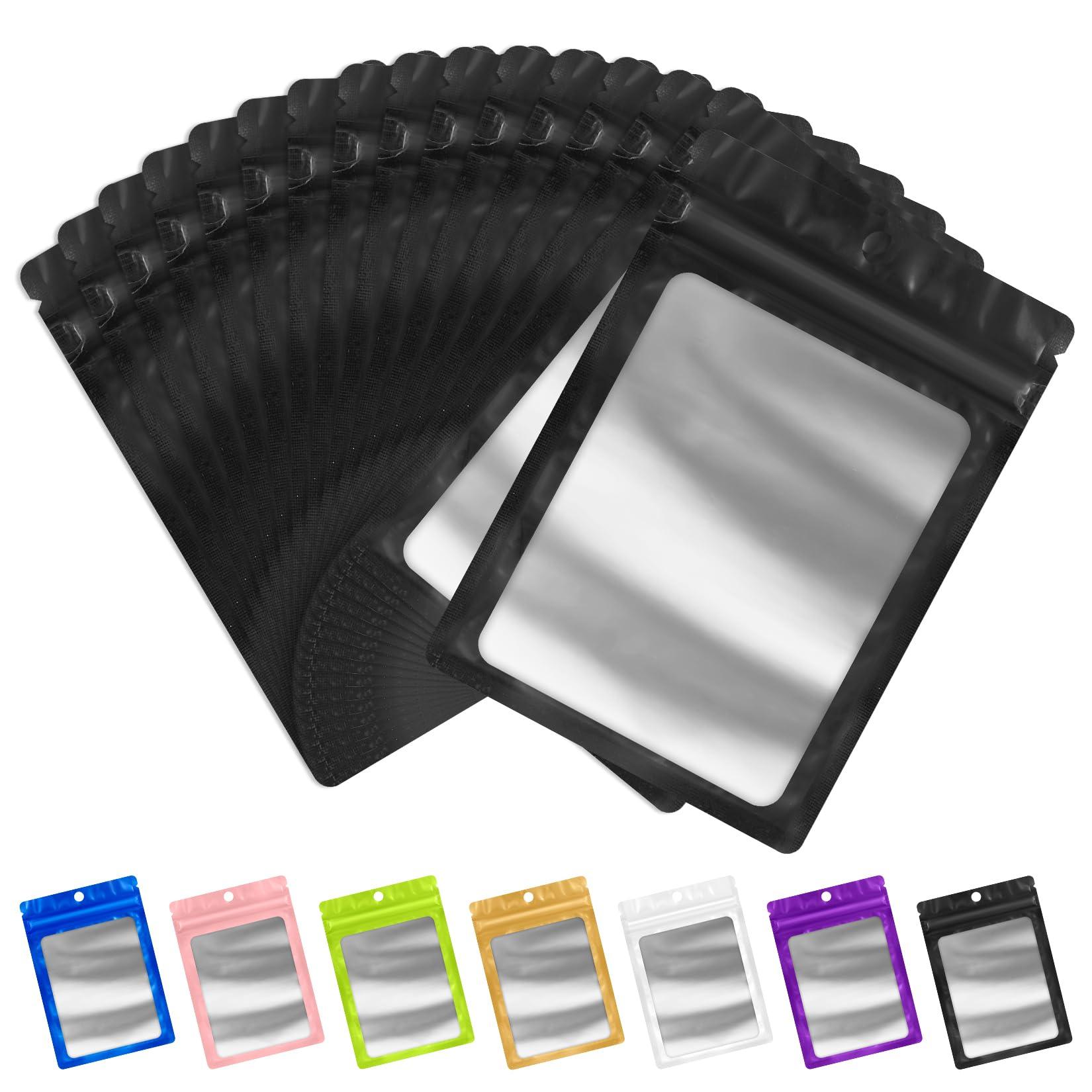 FUNFERY FUNFERY 100 Pack Mylar Resealable Bags Foil Packaging Bags with Clear Window,Zipper Pouch Smell Proof Bags for Food Storage,Cookies,Sample,Small Business(Black,3.5x6.3inch)